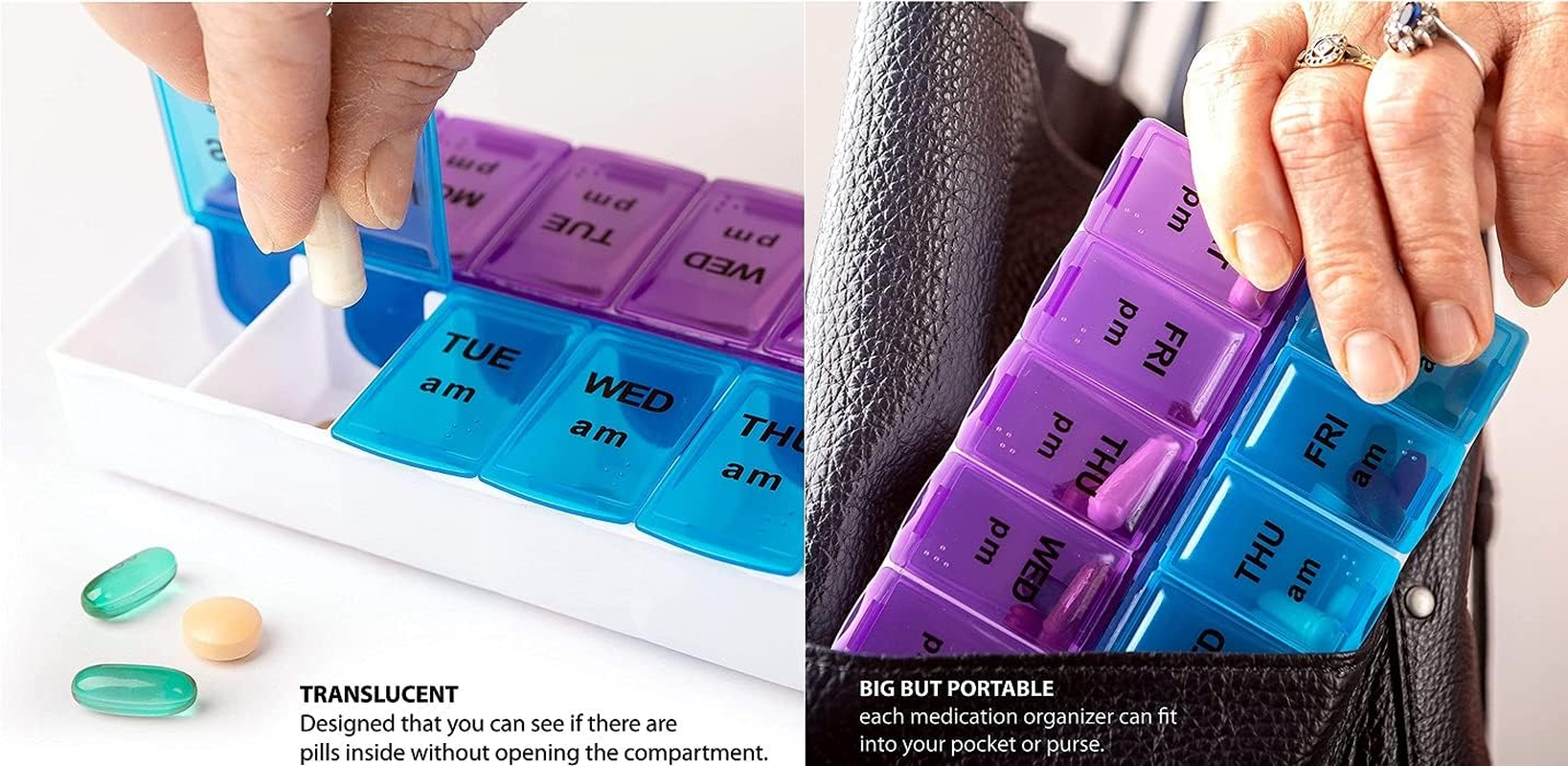 Weekly Pill Organizer Twice-A-Day, Large AM PM 7 Day Pill Box, Daily Pill Cases 2 Times a Day, One Week Pill Dispensers & Reminders, Medicine Planner for Medication, Vitamins, Fish Oil and Supplements (1 PCS) image number 3