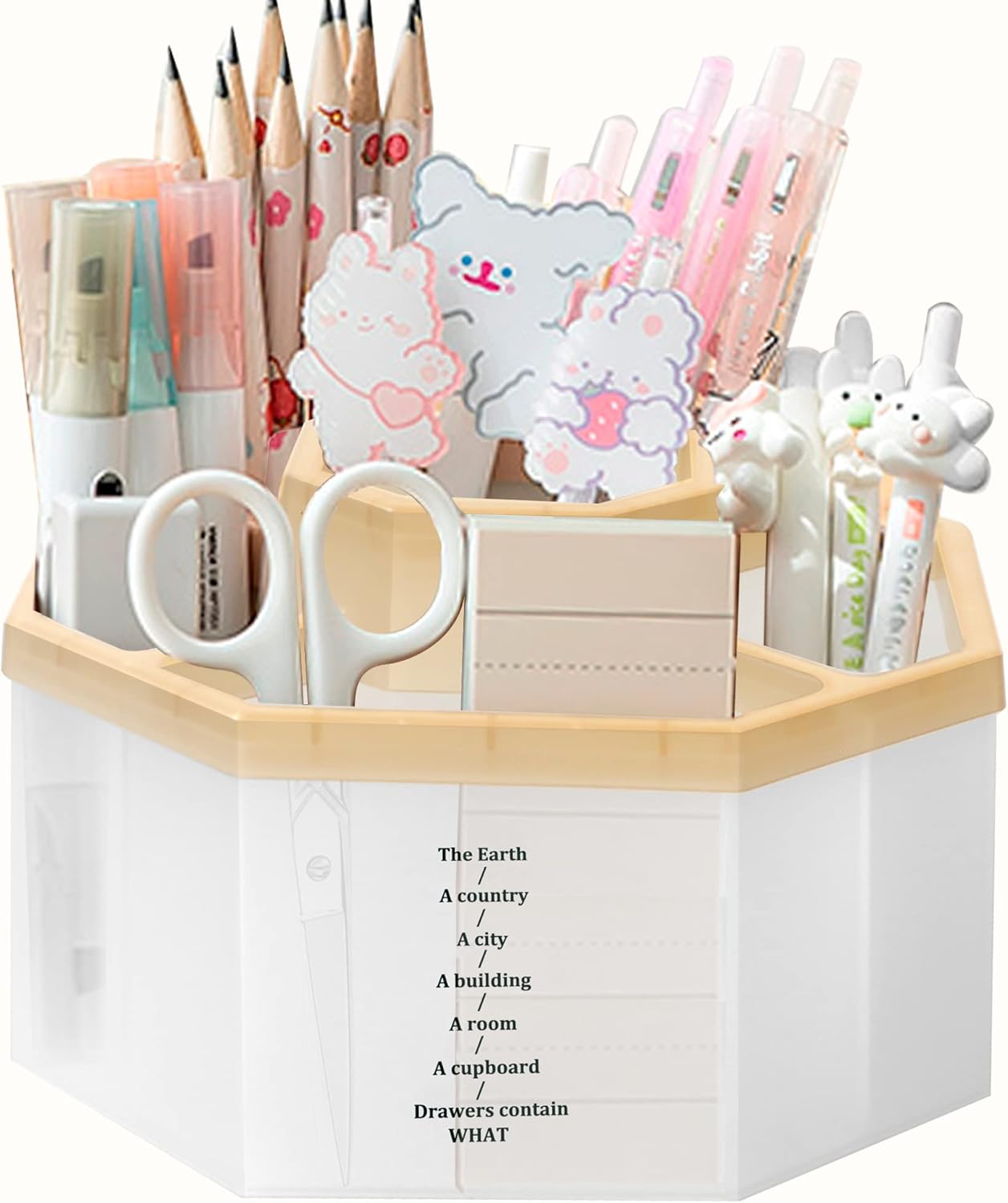 Desk Organizer, 360-Degree Rotating Multi-Functional Pen Holder, 5 Compartments Desktop Stationary Home Office Art Supply Storage Box Caddy ,Transparent Khaki TB2659