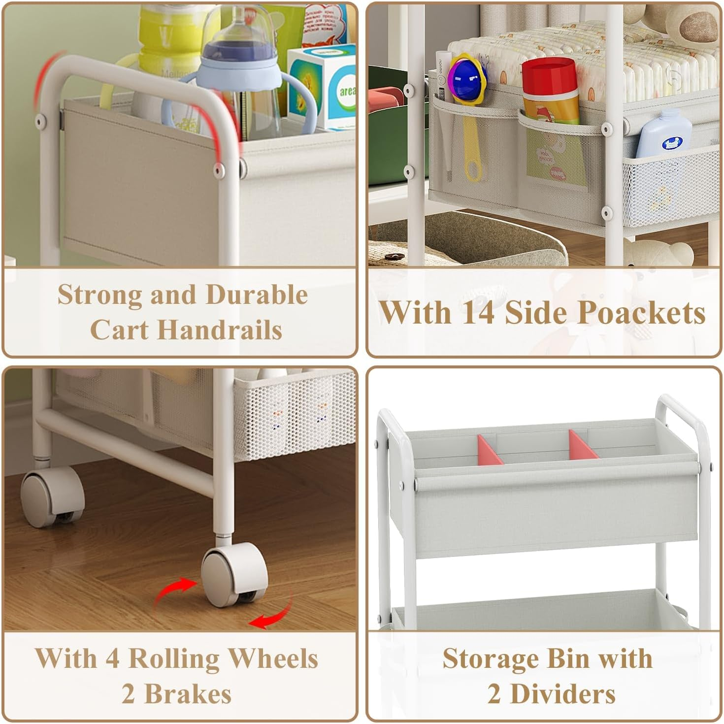 3-Tier Baby Diaper Caddy Cart Organizer, Mobile Nursery Organization with Wheels, with 2 Dividers & 14 Mesh Pockets Durable Metal Utility Cart for Nursery, Bedroom, Bathroom Essentials Organization image number 5