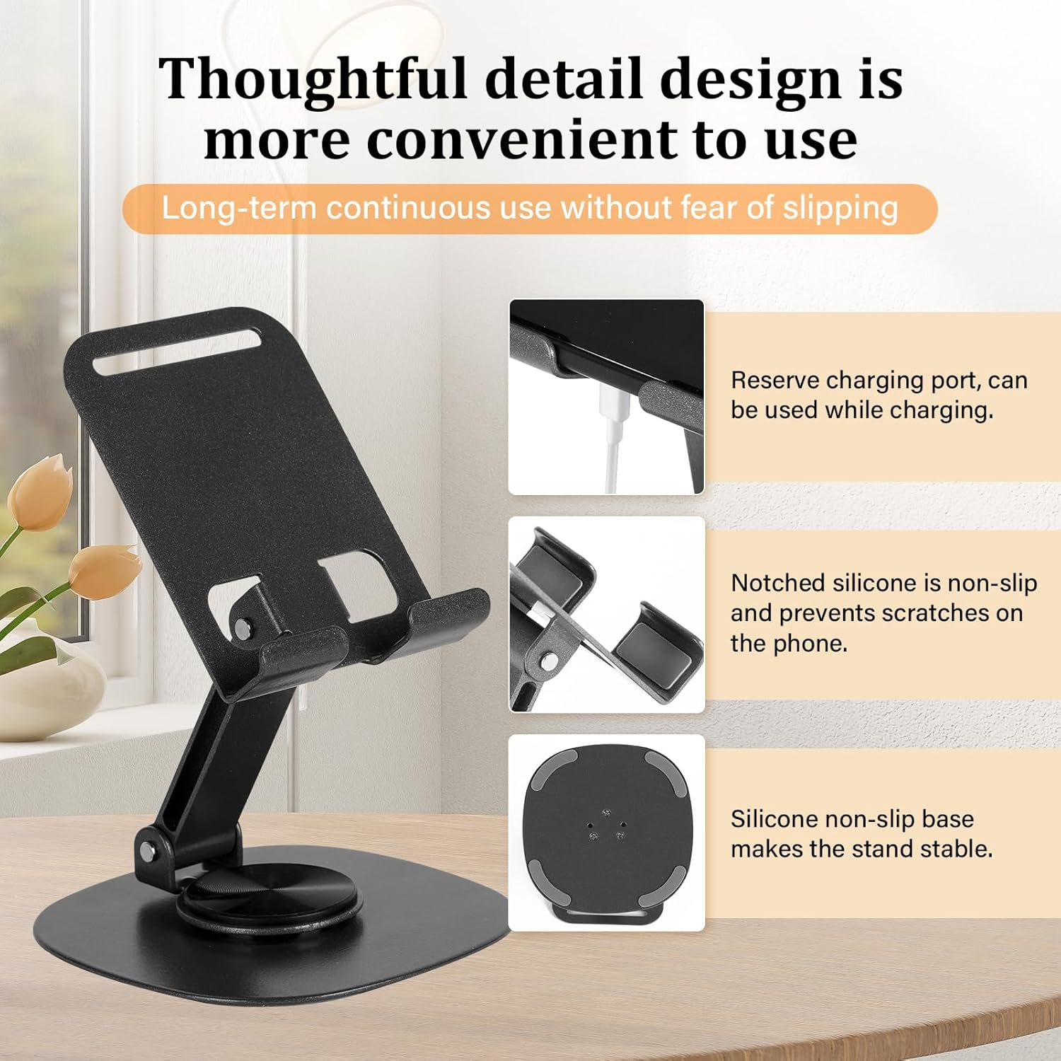360&deg; Rotating Metal Phone Stand &ndash; Adjustable Height Desktop Holder, Non-Slip Foldable Base for All Iphones/Samsung, Vertical & Horizontal Viewing (Portable Desk Accessory) image number 4