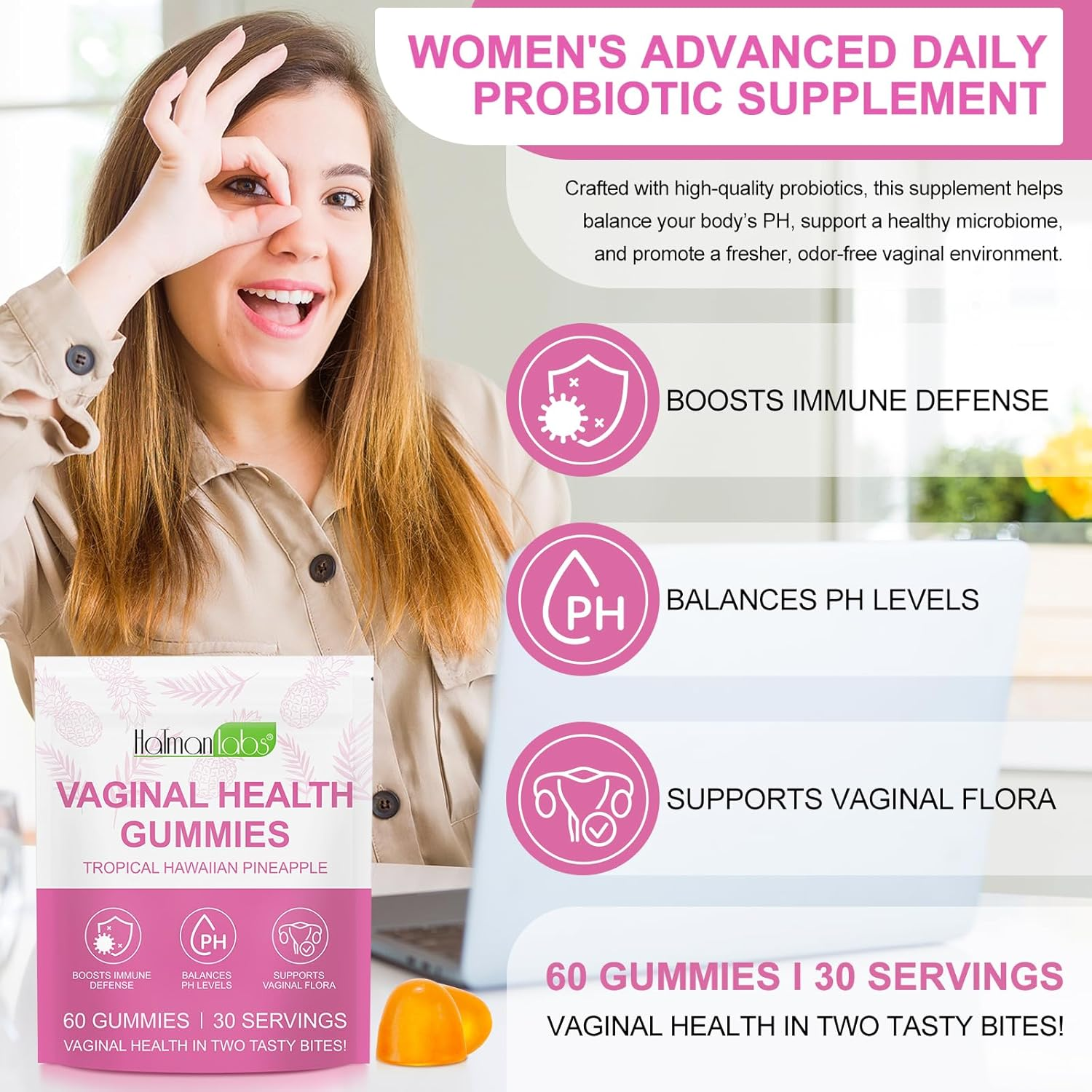 Vaginal Probiotic Gummies for Women | Promotes Balanced Flora, Women&rsquo;S Wellness, and Immune Support with Vitamin C | Natural Pineapple Flavor | 60 Gummies
