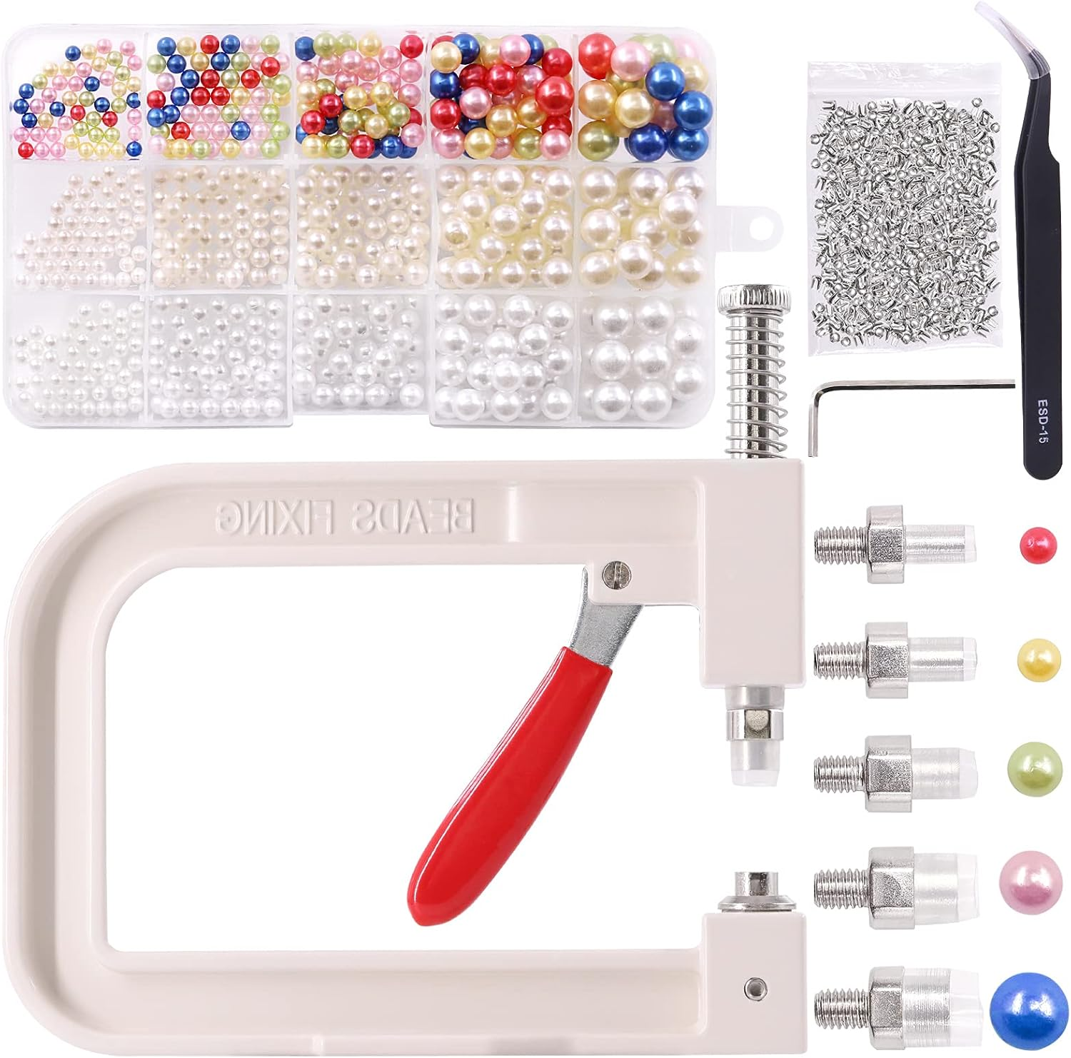 Mardatt 1335 Pcs Pearl Setting Machine and Colorful Pearls Kit, Hand Press Pearl Rivet Buttons Setter with 5 Sizes Molds DIY Handmade Pearl Accessories for Hats Shoes Clothes Bags Charm image number 1