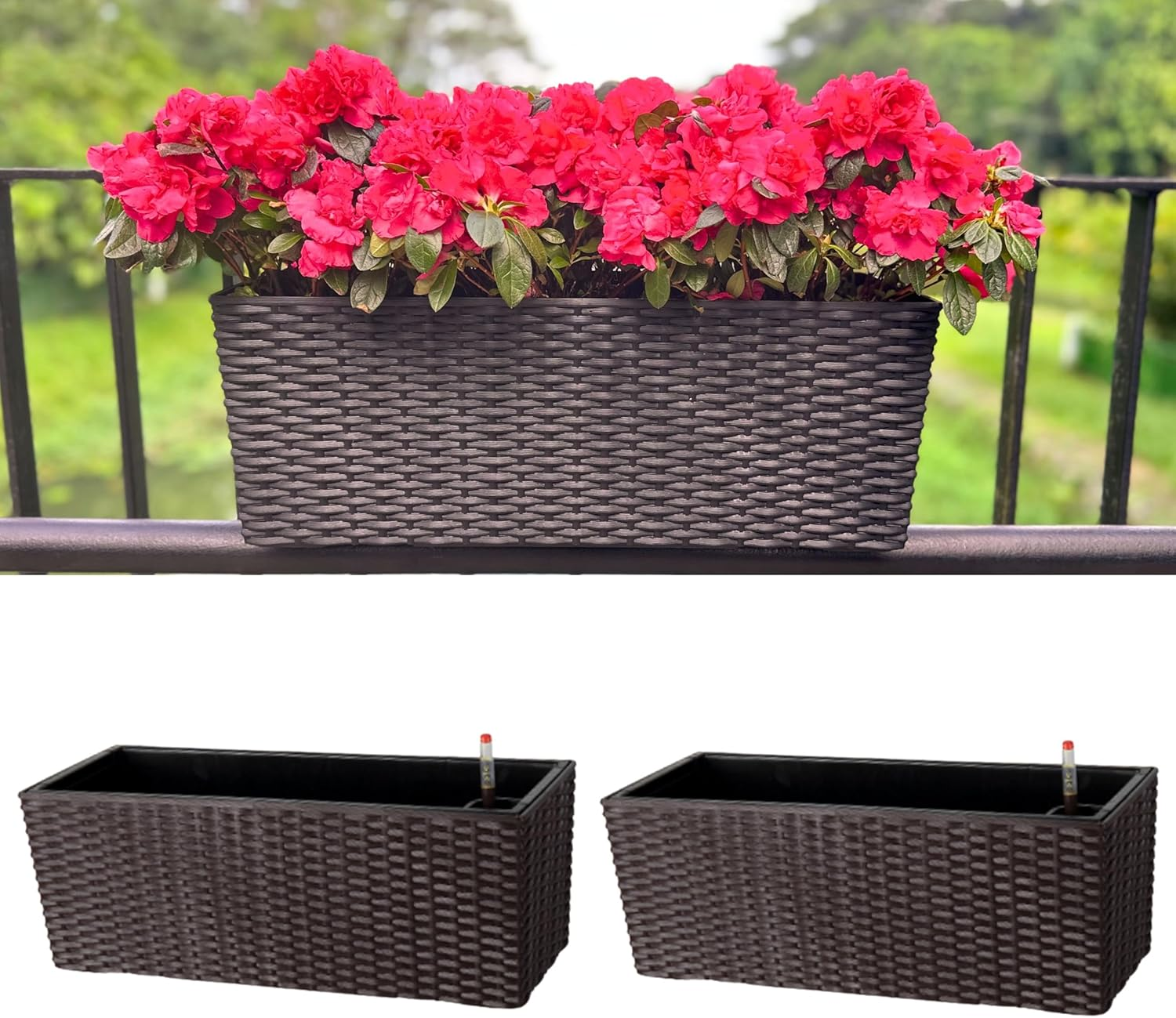 Lalagreen Outdoor Rail Planter for Balcony (2 Pack, 20 Inch) Large Black Self Watering Railing Planters with Brackets, Rectangular Plastic Window Flower Box Fence Designer Choice with Rattan Pattern image number 4
