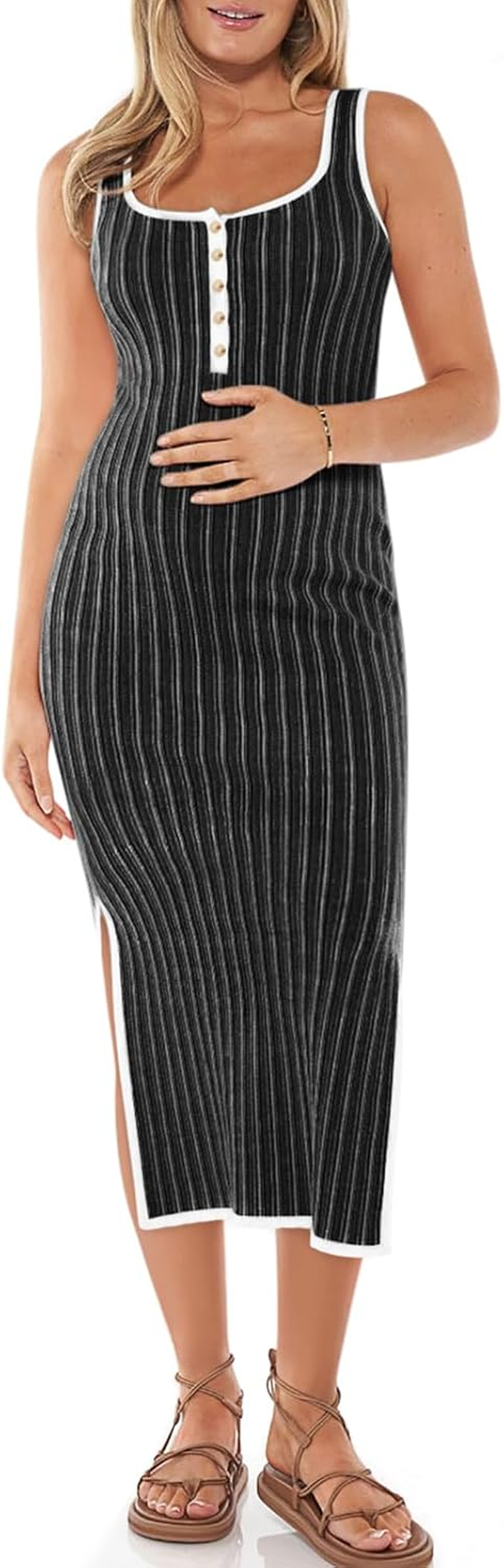 Summer Maternity Dress Rib Knit Sleeveless Button Bodycon Nursing Dresses Side Slit Stretchy Pregnancy Clothes