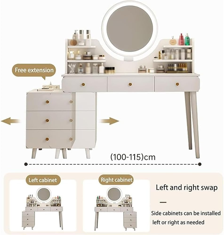 Uandhome Dressing Table,Modern Minimalist Dressing Table for Bedroom with LED Mirror and Drawer Storage,Vanity Table for Bedroom(100-115 * 40 * 135Cm)-White image number 2