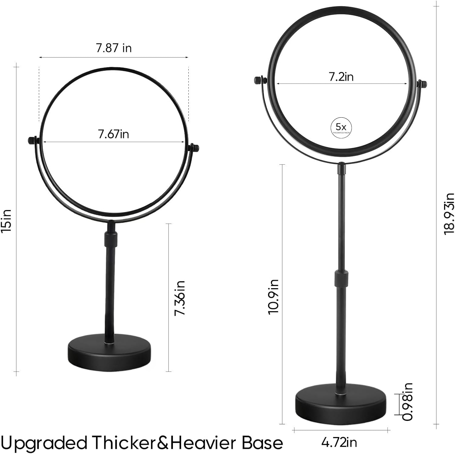 Nicesail Higher Taller Tabletop Makeup Mirror of 8 Inch, 5X Magnified Makeup Mirror Countertop Standing, Height Adjustable, Double Sided Mirror in Matte Black (8 Inch, 5X)&hellip; image number 6