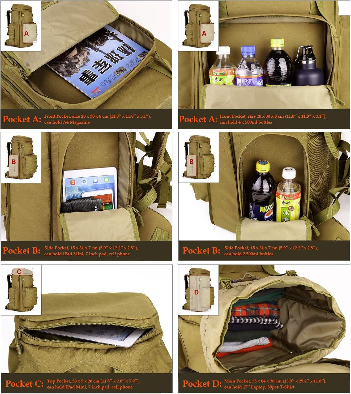 Hiking Backpack 85L Large Tactical Backpack Military Army Combat Rucksack Trekking Rucksack MOLLE Backpack image number 6