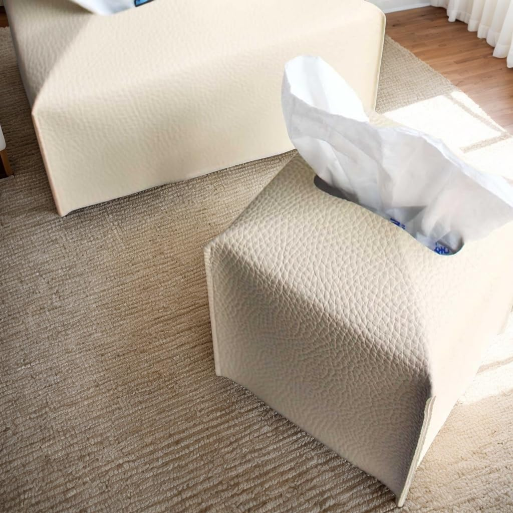 Tissue Box Cover Holder, Square PU Leather Decorative Tissue Box Organizer for Tabletop, Bathroom, Car & Office &ndash; Stylish Tissue Box Holder with Bottom Belt for Modern Home & Office Decor (Beige) - Black image number 5