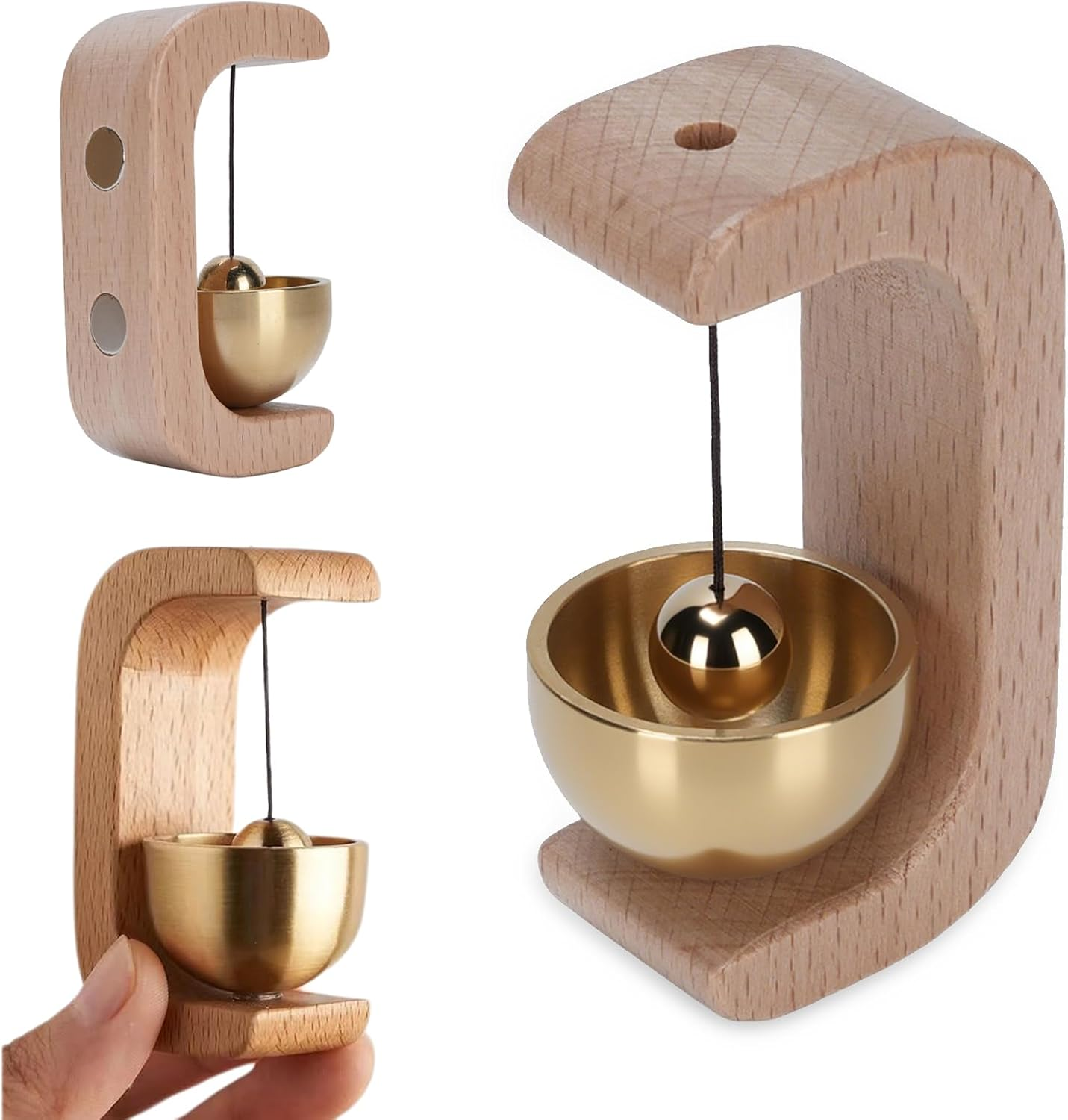 Jectse Shopkeepers Bell for Door Opening, 7.5X3.7X3.2Cm/2.95X1.45X1.25Inch Wood Brass Retro Magnetic Doorbell Cute Door Chime for Business When Entering, C-Shaped Decor Bells with Double Sided Tape image number 5