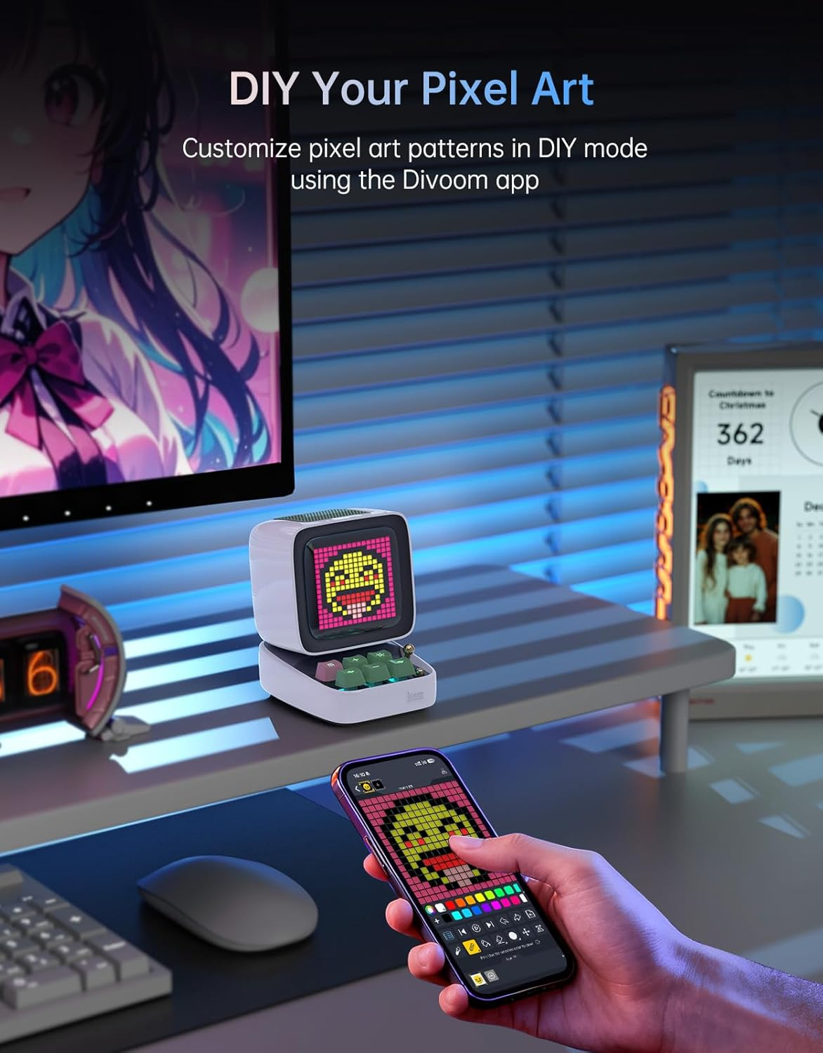 Divoom Ditoo Pixel Art Gaming Portable Bluetooth Speaker with App Controlled 16X16 LED Front Panel, Also a Smart Alarm Clock (White) image number 3