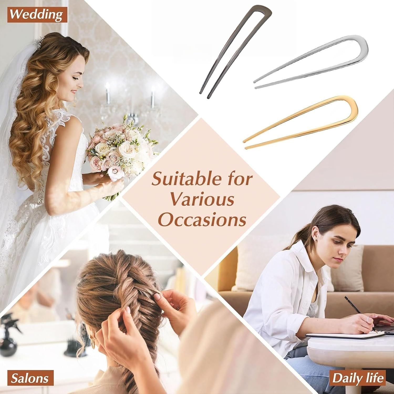 Heanvmyss French Hair Pin, Pack of 3 14 Cm U-Shaped French Twist Hair Pins, Metal Hair Pins, Large, Stylish Vintage Hair Fork, Hair Clips for Women, Girls (Gold + Silver + Black) image number 3