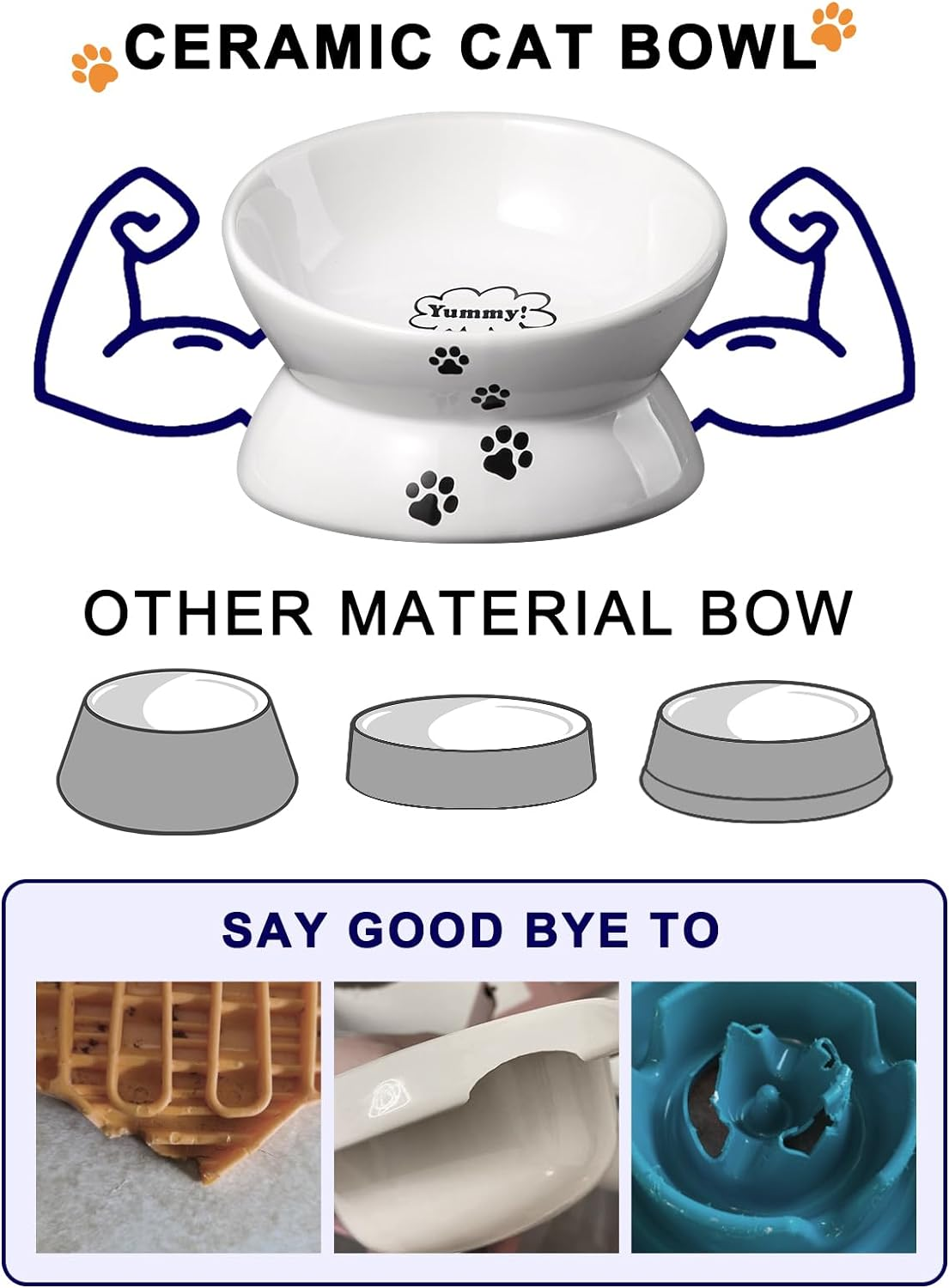 Y YHY Ceramic Raised Cat Food Bowl, Slanted Cat Dish, Tilt Angle Protect Cat'S Spine, Stress Free, Backflow Prevention, Cat, White image number 3