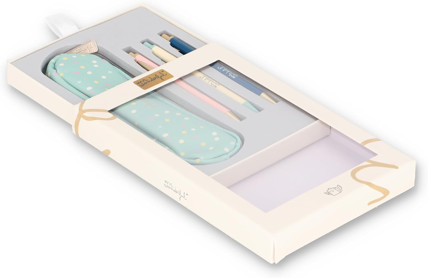 Mr. Wonderful Writing Set Polka Dot Print Case 2 Ballpoint Pens 1 Pencil