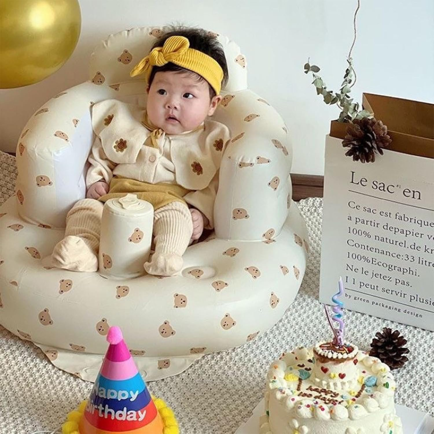 Inflatable Baby Seat, Portable Blow up Support Infant Seat with Built in Air Pump Blow up Baby Chair for Learning to Sit and Feeding (Bear)