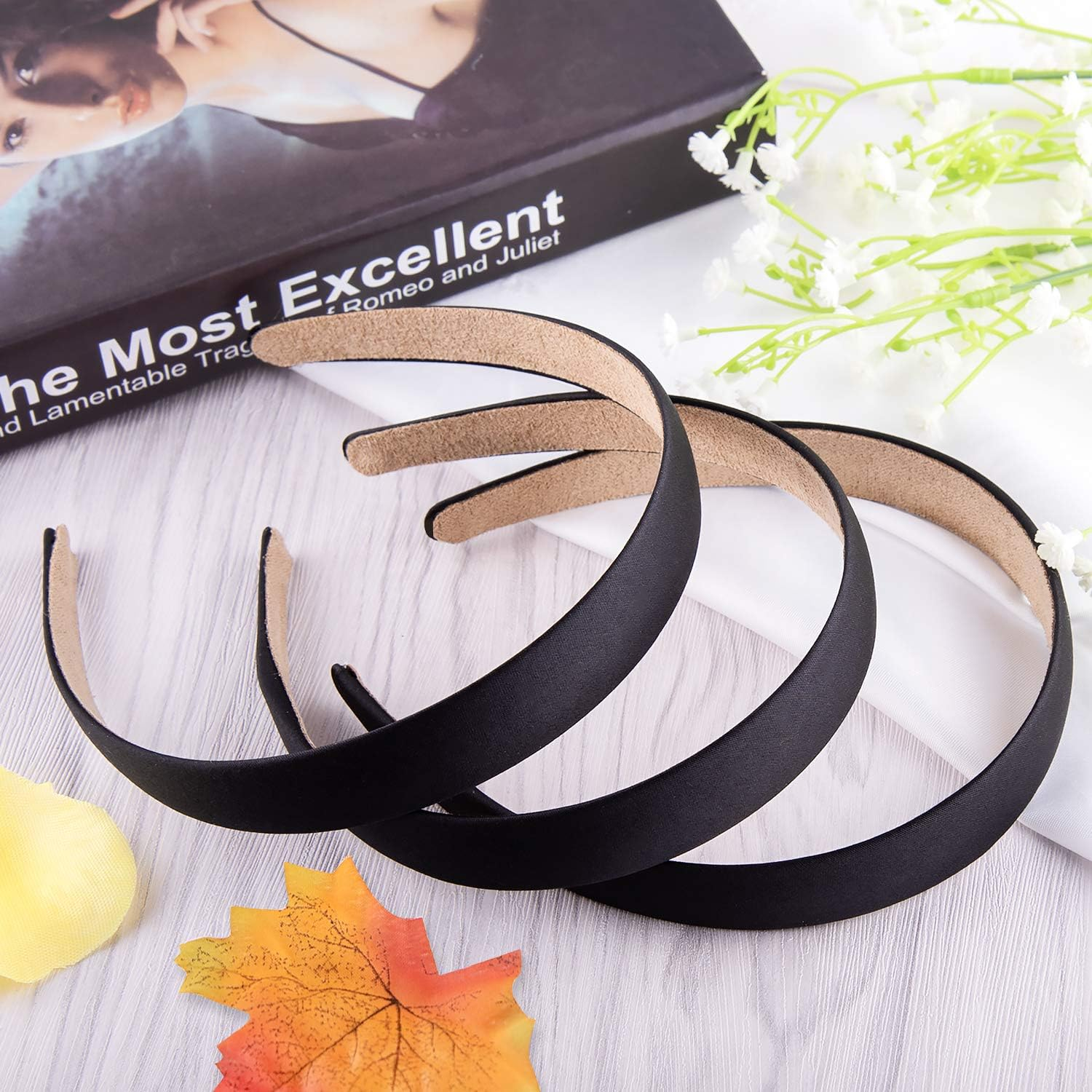 Duufin 22 Pieces Satin Headbands 2Cm Plain Black Headband Non-Slip Hair Headband DIY Headbands for Women and Girls