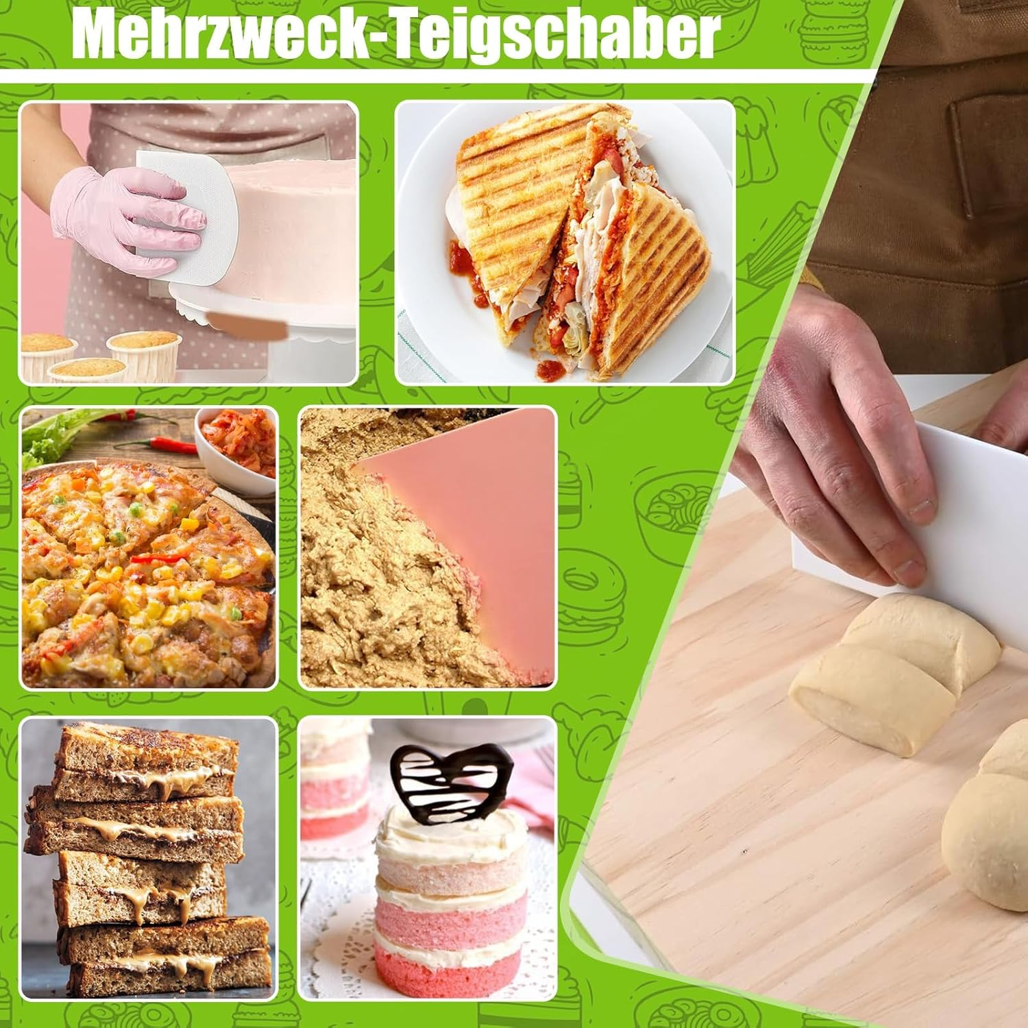 Dough Scraper, 4 Pcs Plastic Dough Cutter Bench Scraper, Multipurpose Food Scrappers for Cake Decorating Baking (Pink, Green, White, Orange) image number 2