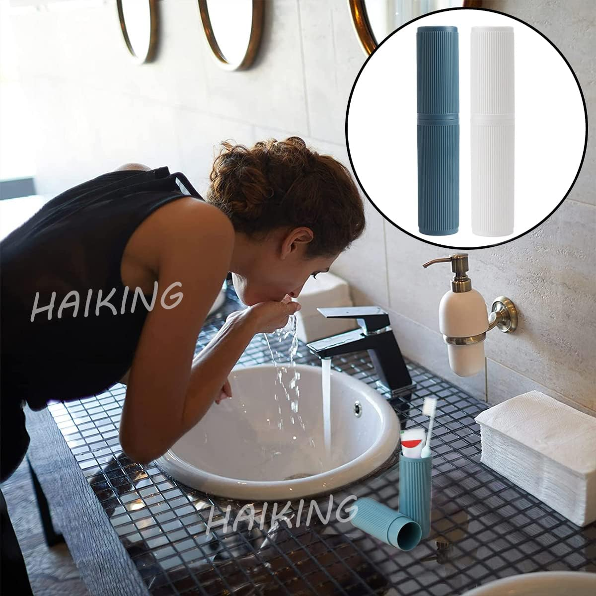 HAIKING Travel Toothbrush Case, 2 Pcs Plastic Portable Toothbrush Holder for Travel, Storage, Camping(White, Blue) image number 2