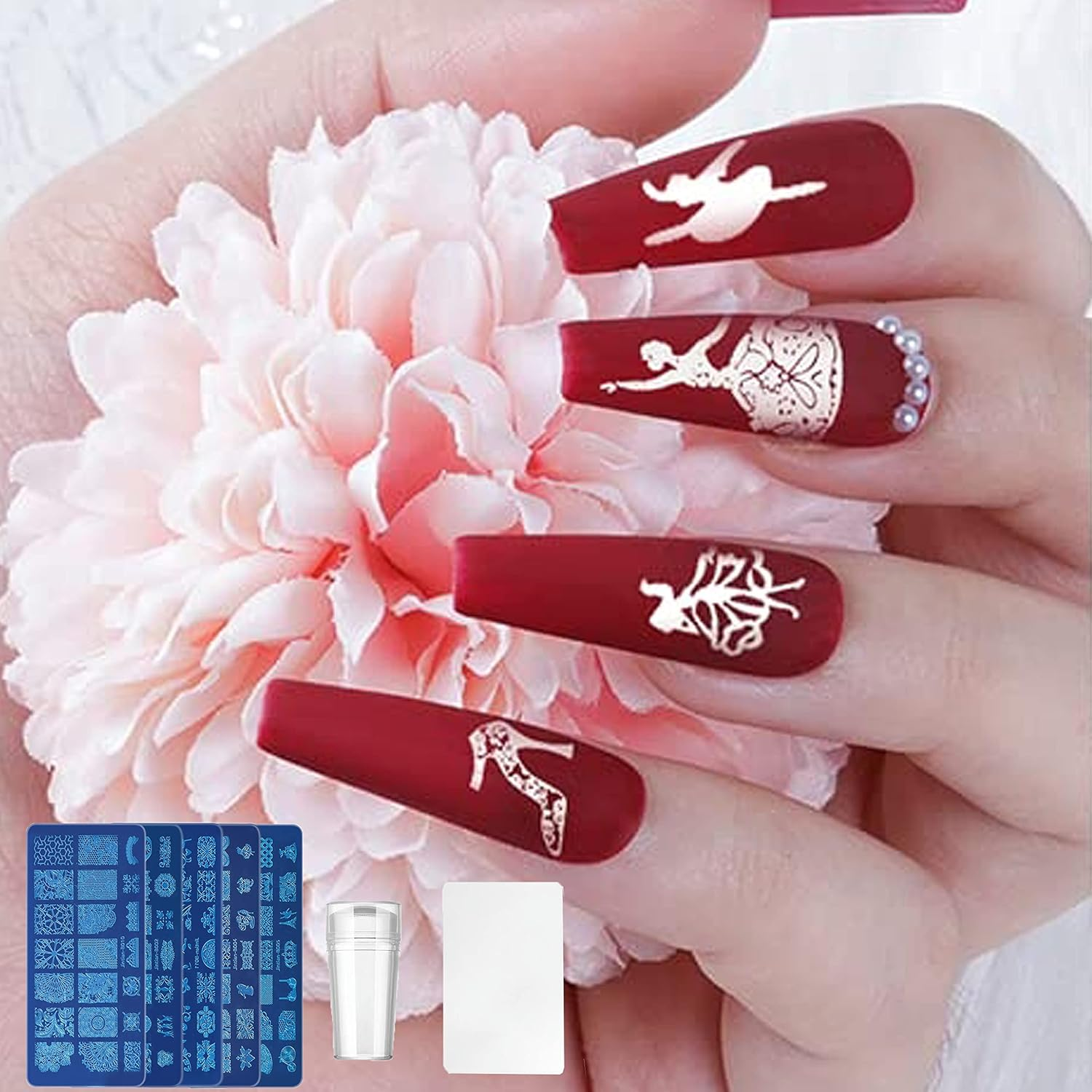 Nail Stencil Stamp Set, 5 Pieces Nail Stamping Plate with 1 Transparent Stamp, 1 Piece Scraper, Nail Art Tool for Women Girls image number 2