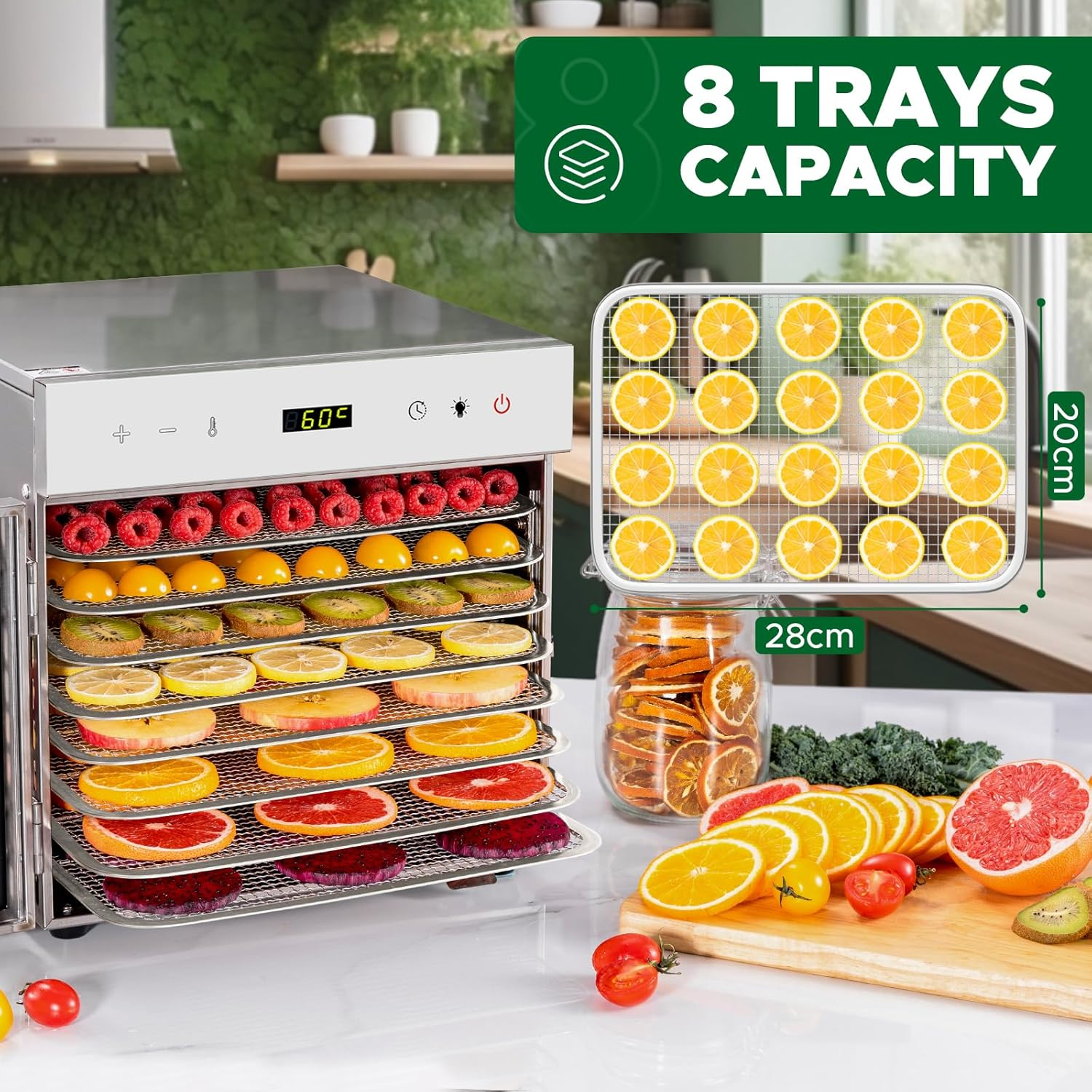 Oiyocemo Stainless Steel Food Dehydrator, 8 Tray Fruit Dryer Machine with Free Recipe Book, Bpa-Free, 30~90℃ Temperature Setting, Max 24H, Dehydrator Food Dryer UK for Vegetables, Meats image number 2