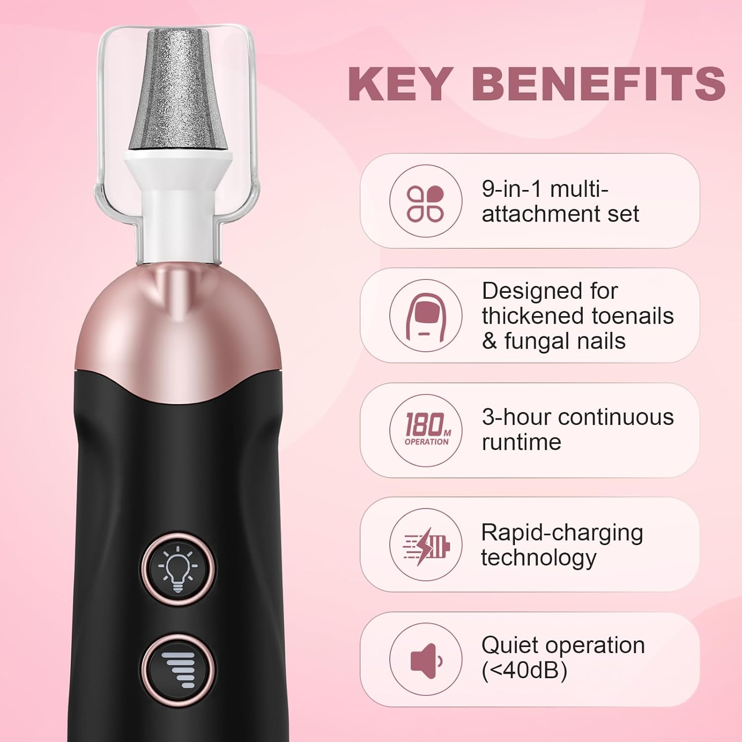 Electric Nail File & Drill Kit: Pedicure Sets for Feet & Hands Care with Electric Nail Drill, 9 Attachments for Pain-Free Trimming, Buffing & Shaping | 5 Speeds, Pedicure Tools & Nail Kit Manicure Set image number 5