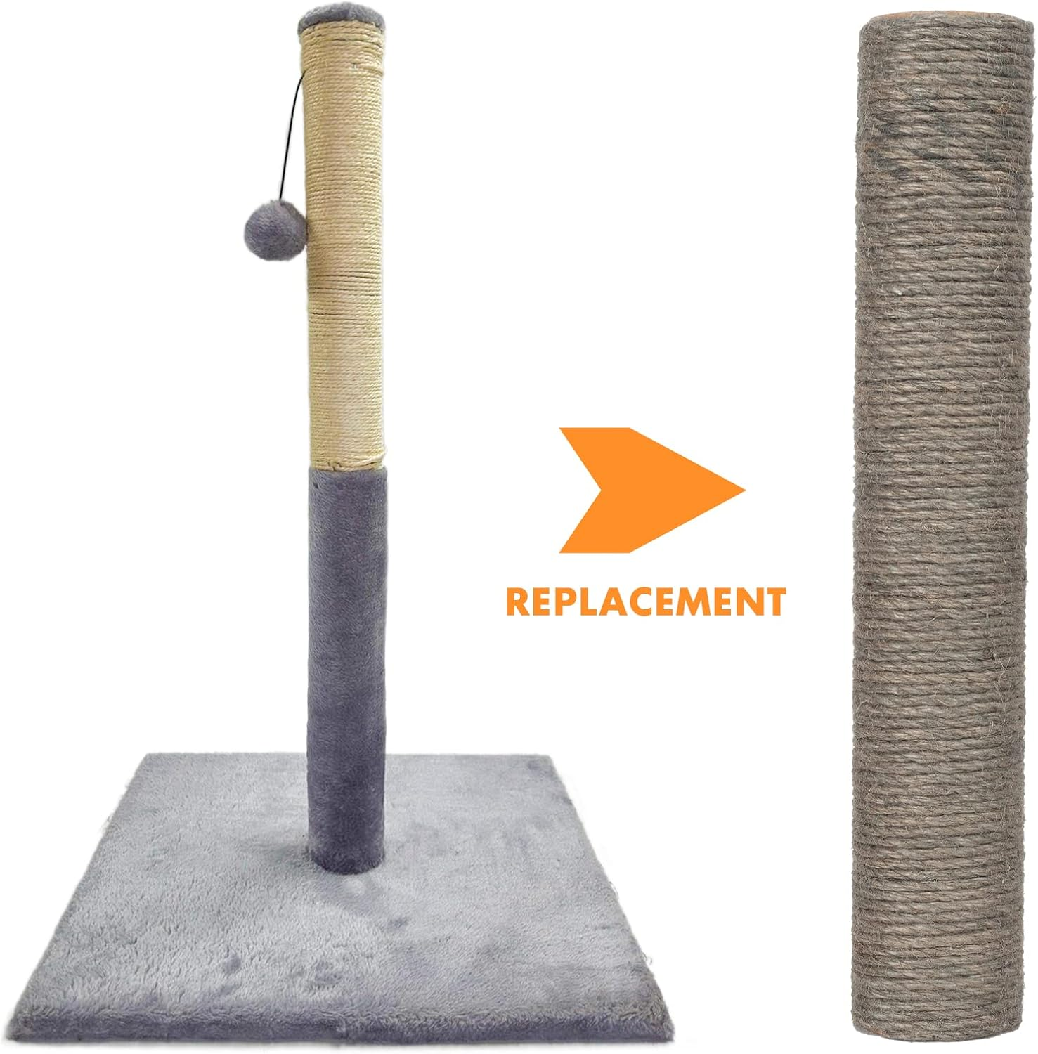 Pinkgarden Natural Sisal Replacement Cat Scratching Post, M8 Cat Scratch Post Refill Pole Parts for Refurbishment, Grey, Include Screws