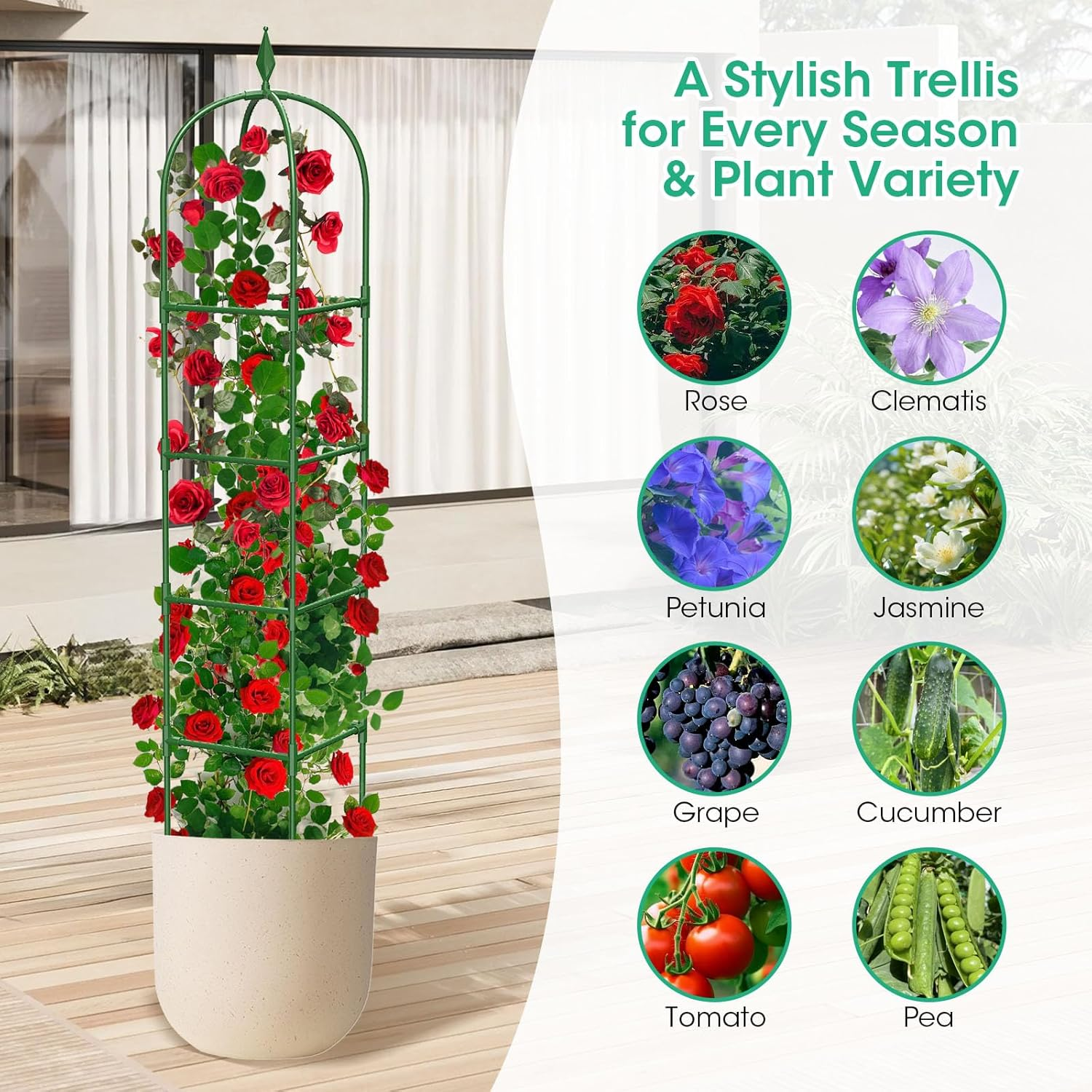 2 Pack Garden Obelisk Trellis for Climbing Plants, 70.87" Metal Rustproof Plant Support Rose Trellis, Tower Potted Cages for Flowers Fruits Vegetable Vines Indoor & Outdoor, Green(4 Tiers) image number 1