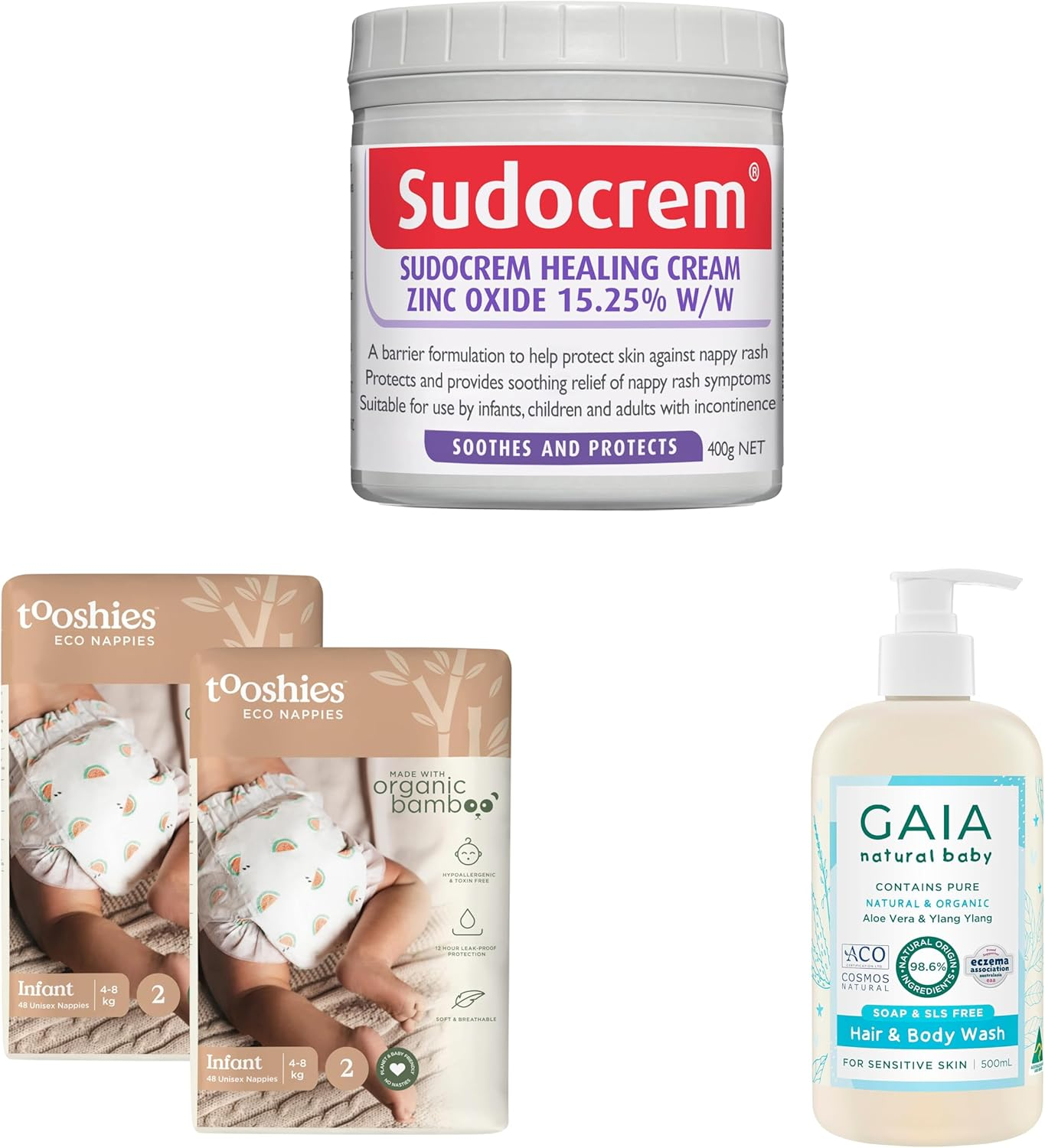 Tooshies Eco Nappies Size 2 Infant, 96 Count, White, 3.24 Kilograms + Sudocrem Healing Cream 400G + GAIA Natural Baby Hair and Body Wash 500Ml