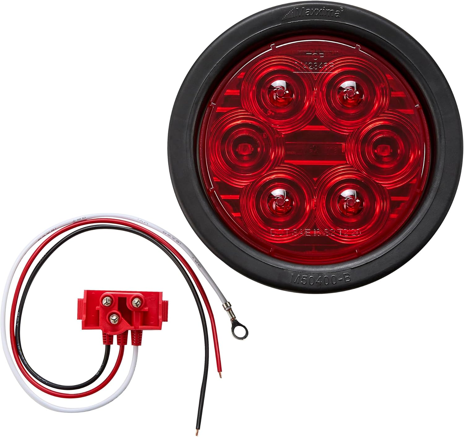 Maxxima 4" round Lightning Series Stop/Turn/Tail Kit with Grommet & Right Angle Plug for Trucks and Heavy Duty Vehicles, Red Lens image number 1