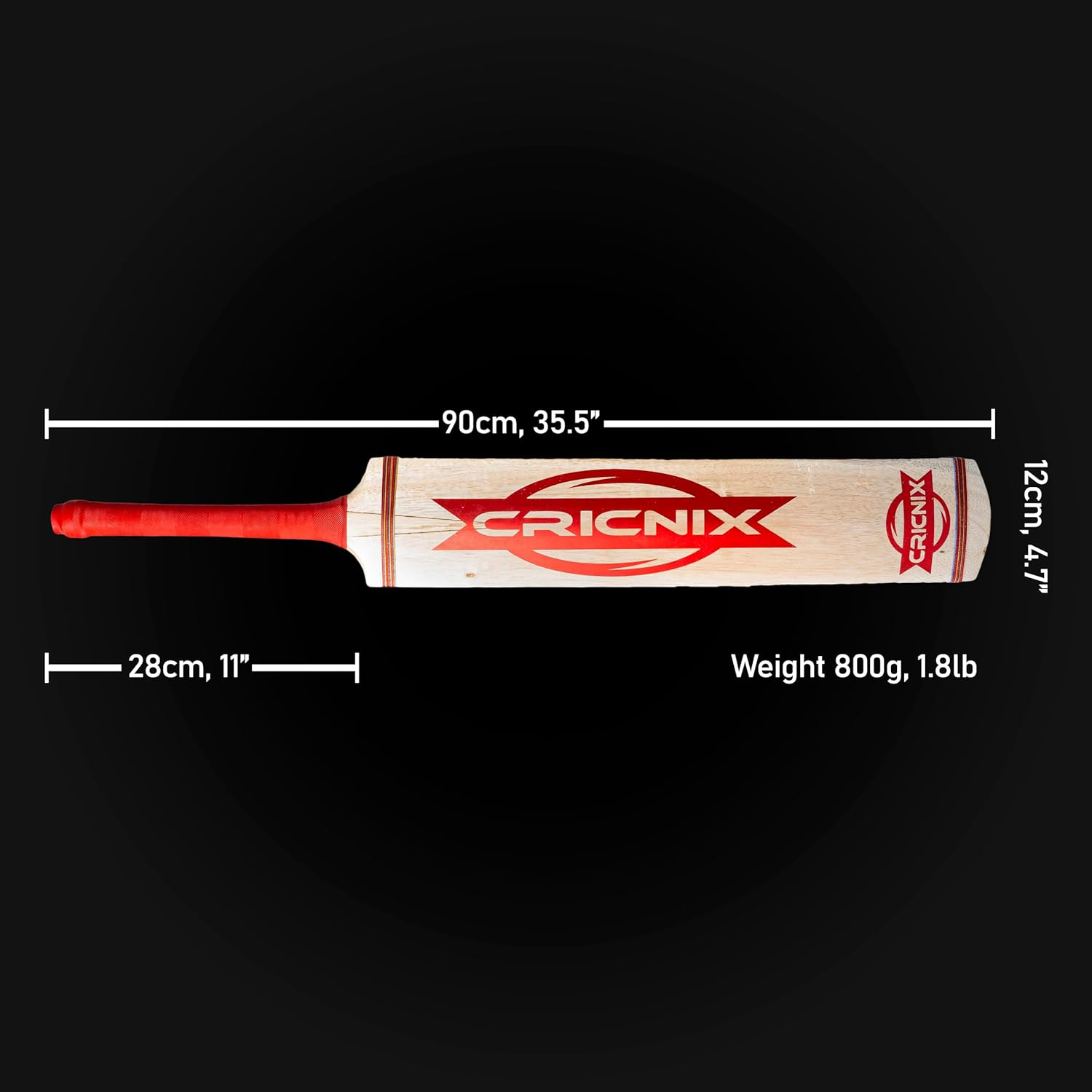 Cricnix Classic Tape Ball Cricket Bat | Hard Tennis Ball Bat | Tape Tennis Bat Coconut Willow (Red) image number 2