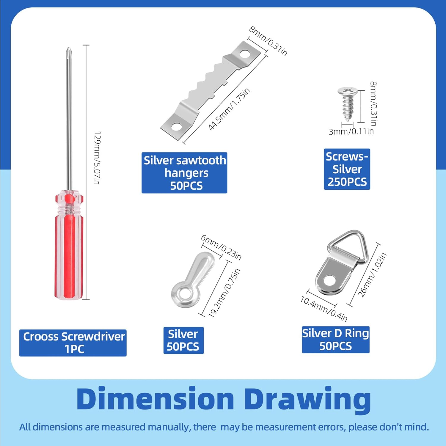Glarks 401Pcs Silver Picture Hanging Kit, Include 50Pcs Sawtooth Picture Frame Hangers, 50Pcs Frame Turn Buttons, 50Pcs D Ring Picture Hangers, 250Pcs Screws and 1Pcs Screwdriver for Hanging Photo