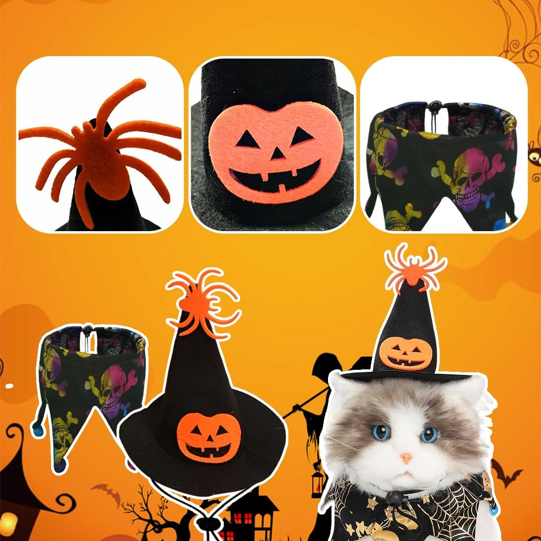 Pet Costumes Cat Cosplay 2 Pieces, Adjustable Halloween Cat Costume Cosplay Decoration Pet Cosplay Costumes for Small Cats Funny Holiday Clothing for Black Halloween Night Bloody Party