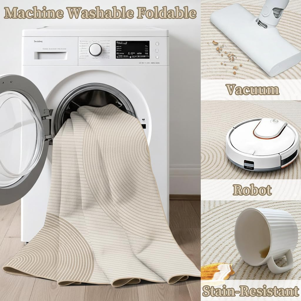 UZU 120X160Cm Machine Washable Area Rug for Living Room and Bedroom Non-Slip Geometric Lines Faux Cashmere Carpet Indoor Large Durable Soft Floor Mat Low Pile Rugs with Anti-Slip Backing - Home Decor image number 2