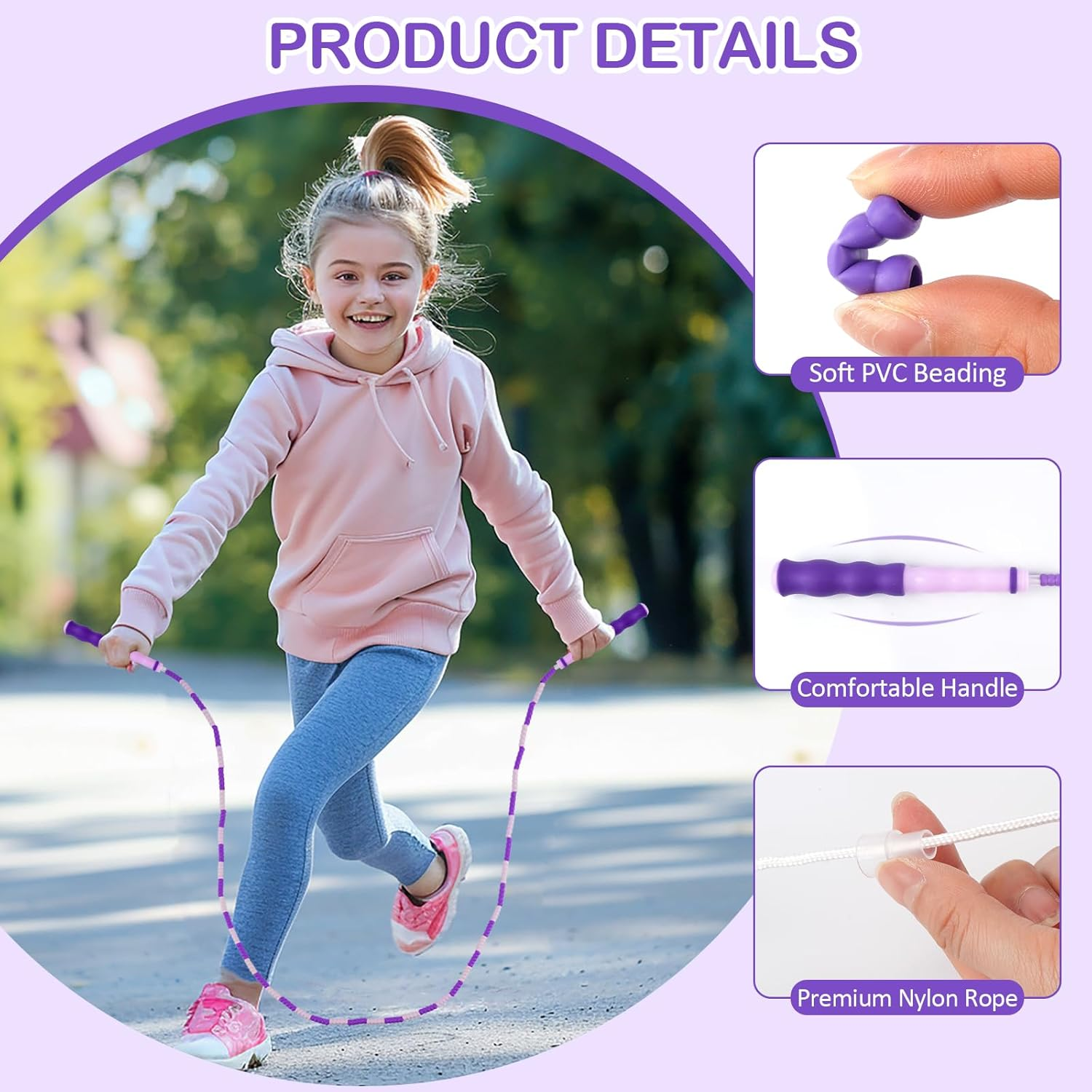 Jump Rope for Kids, Adjustable Jump Ropes for 4 5 6 7 8 10 12, Tangle Free Jumping Rope Age 8-12, Segmented Soft Beaded Skipping Rope for Women Fitness image number 4
