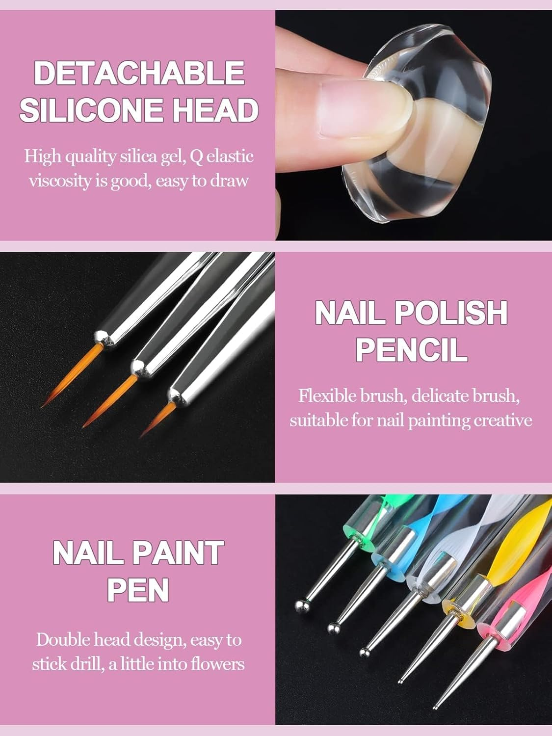 Kalolary Silicone Nail Stamper Set, French Tip Nail Stamp Jelly with Scraper, 3PCS Nail Detail Brush Set Nail Art Brush Pen, 5PCS Nail Dotting Pen, French Tip Nails Art Design Manicure Tools image number 3