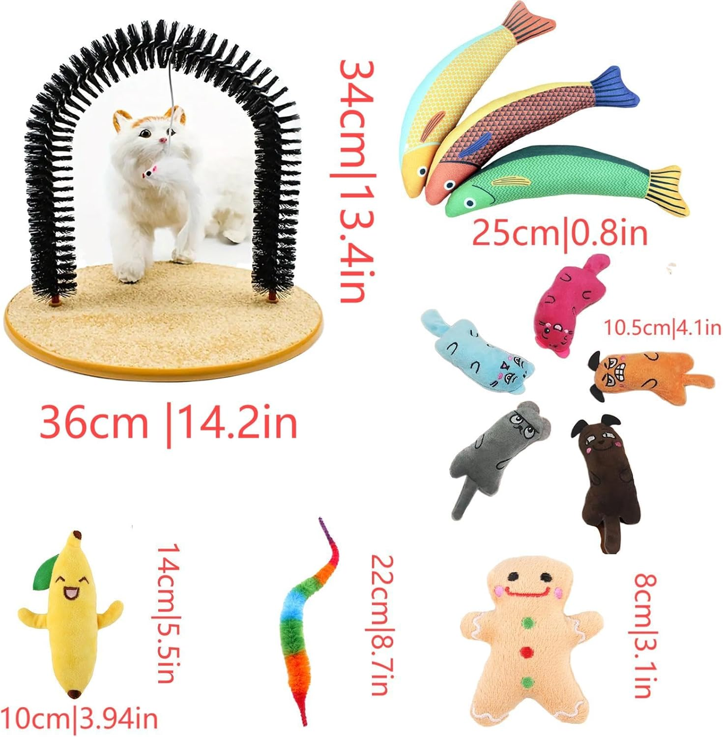 12Pcs Cat Arch Self-Cleaning Grooming & Cat Catnip Toys - a Multifunctional Scratching Post and Stuffed Kitten Chew Chew Kick Toy for Cats and Kittens of All Ages