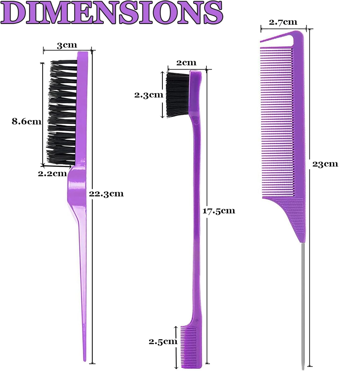 3Pcs Styling Hair Brush Set, Rat Tail Comb, Double-Sided Edge Brush, Bristle Hair Brushr for Women Man, Purple - Pink image number 2