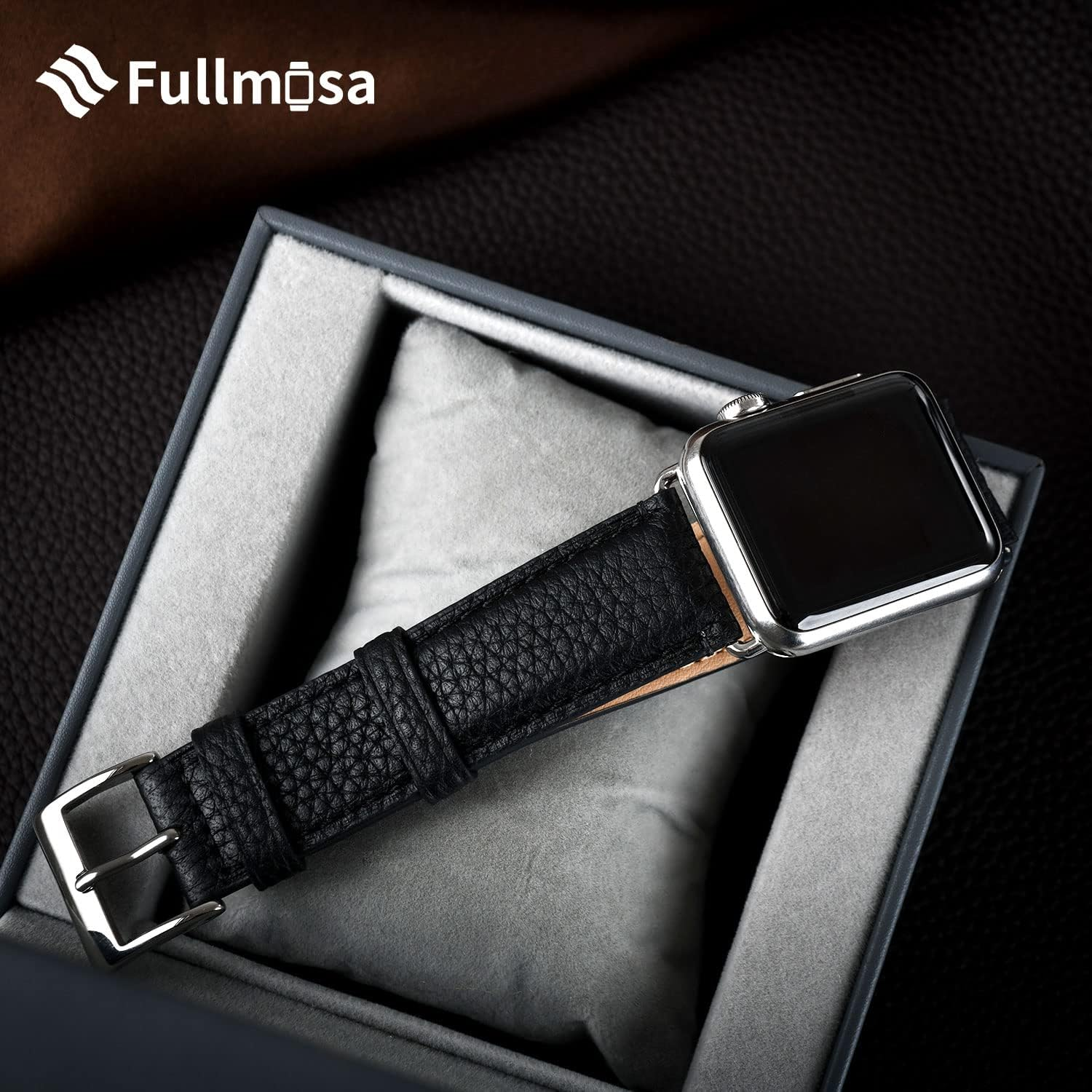 Fullmosa Bands Compatible for Apple Watch Band 42Mm 41Mm 40Mm 38Mm with Case Real Leather Replacement Strap for Iwatch SE Series 11 10 9 8 7 6 5 4 3 2 1 Men and Women, Black + Gunmetal Buckle image number 7