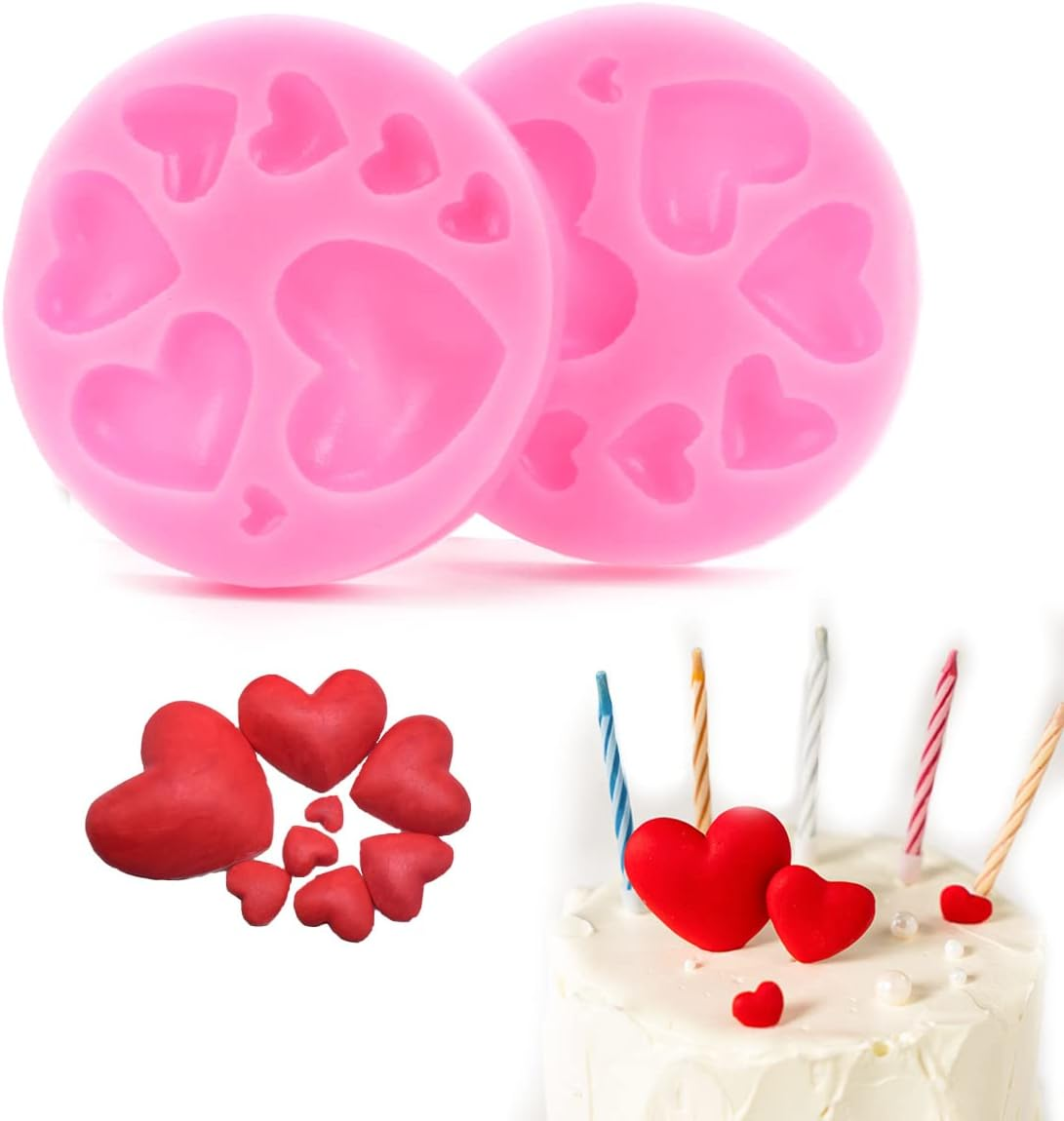 VOSO 2 Pcs Heart Shape Silicone Moulds, Mixed Size Silicone Fondant Moulds, Chocolate Cake Jelly Candy Mould Cupcake Decoration Tool for DIY Dessert Handmade Baking(Pink)