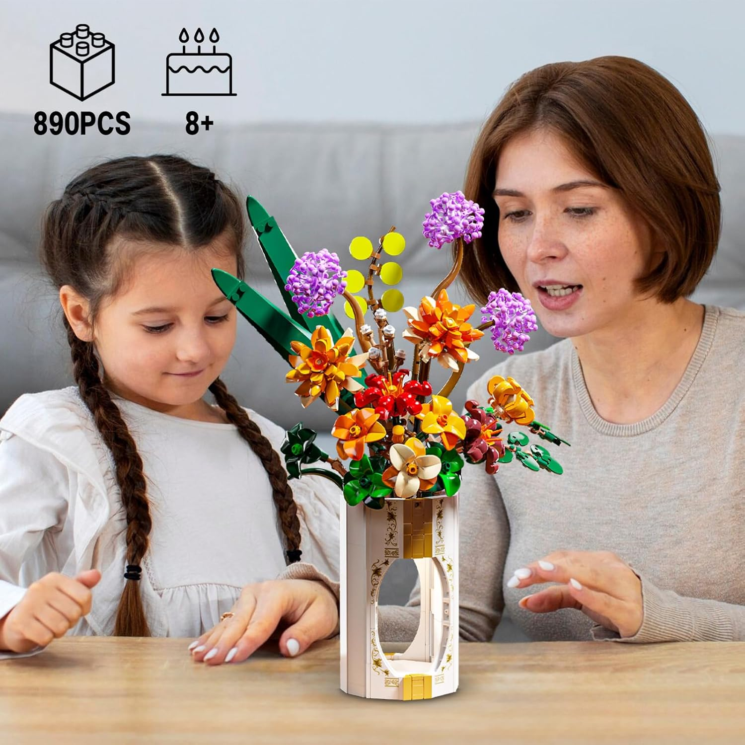 Flower Building Blocks with LED Light, Botanical Collection, Creative Artificial Bouquet for Home Office Decor, Gifts for Woman Girls Age 8+(890PCS) image number 6