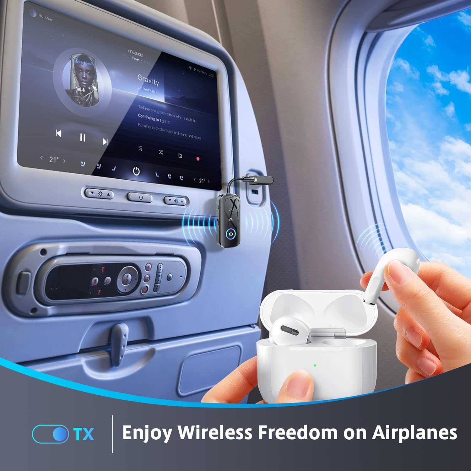 2 in 1 Bluetooth 5.3 Transmitter Receiver, SONRU Travel Essentials Airplane Headphone Adapter Airfly Wireless Adapter with 3.5Mm AUX Compatible with 2 Airpods Wireless Headphones - Blue image number 3