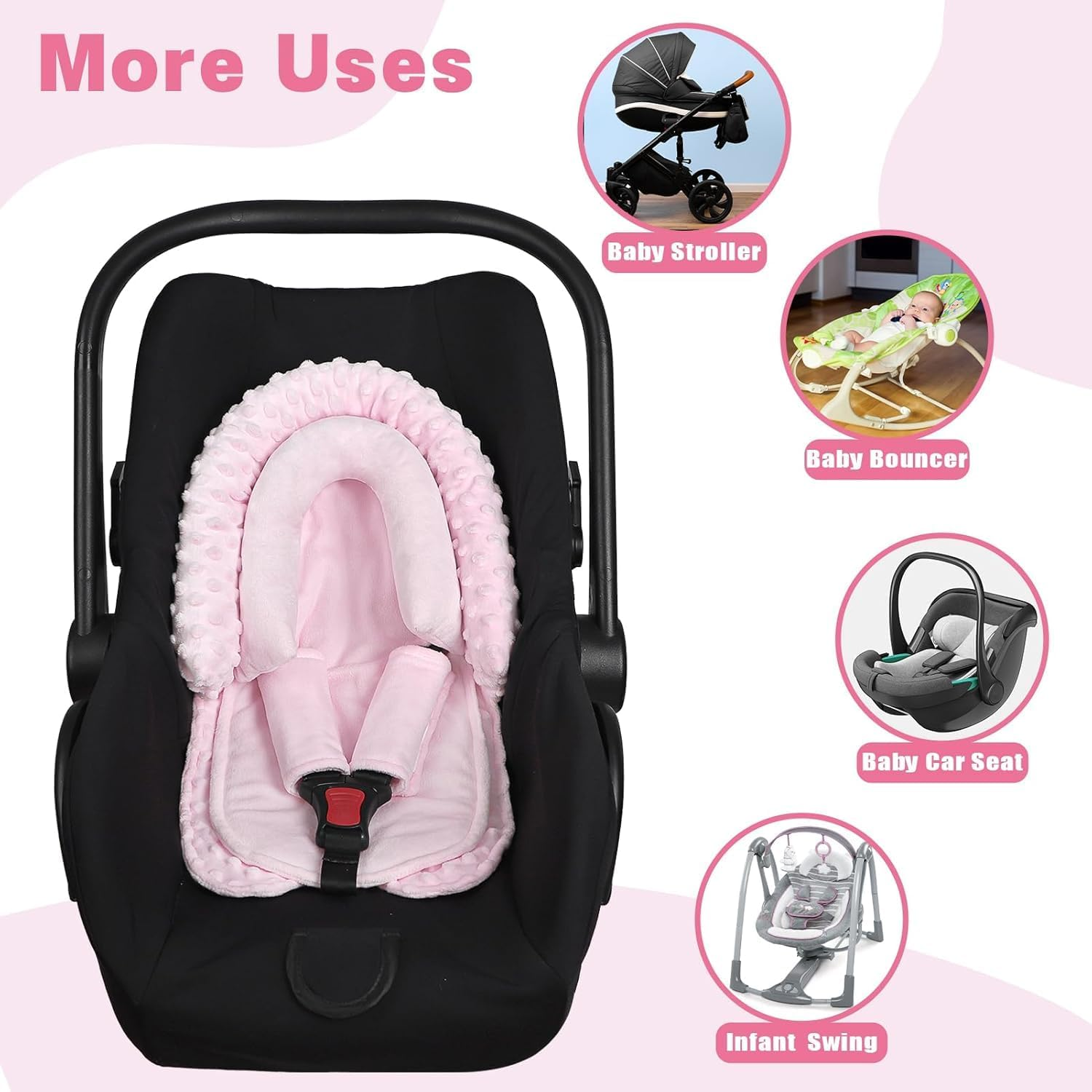 Infant Car Seat Insert, HNHUAMING Baby Car Seat Head & Body Support with 2 Straps Pads, Ultra Soft Newborn Preemie Carseat Insert Cushion for Girls Boys, Fits Car Seat, Stroller, Swing, Bouncer(Pink) image number 5