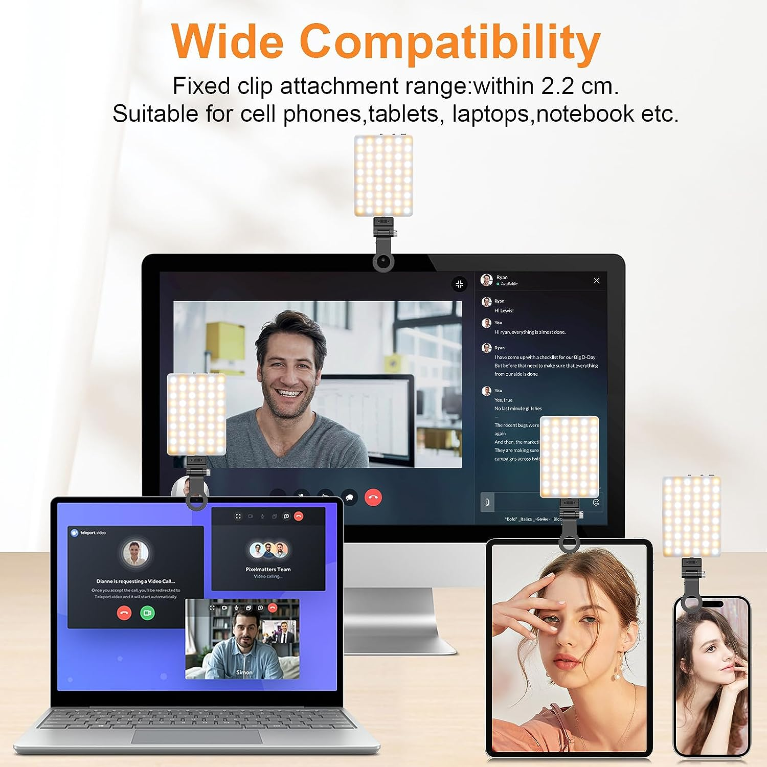 TONEOF Portable Selfie Light,Rechargable 60 LED Phone Light with Clip & Double 1/4" Screw Hole,3200K-6500K Dimmable Light for Iphone,Android,Laptop,Tablet,Selfie/Video Conference (Black, 60 LED)