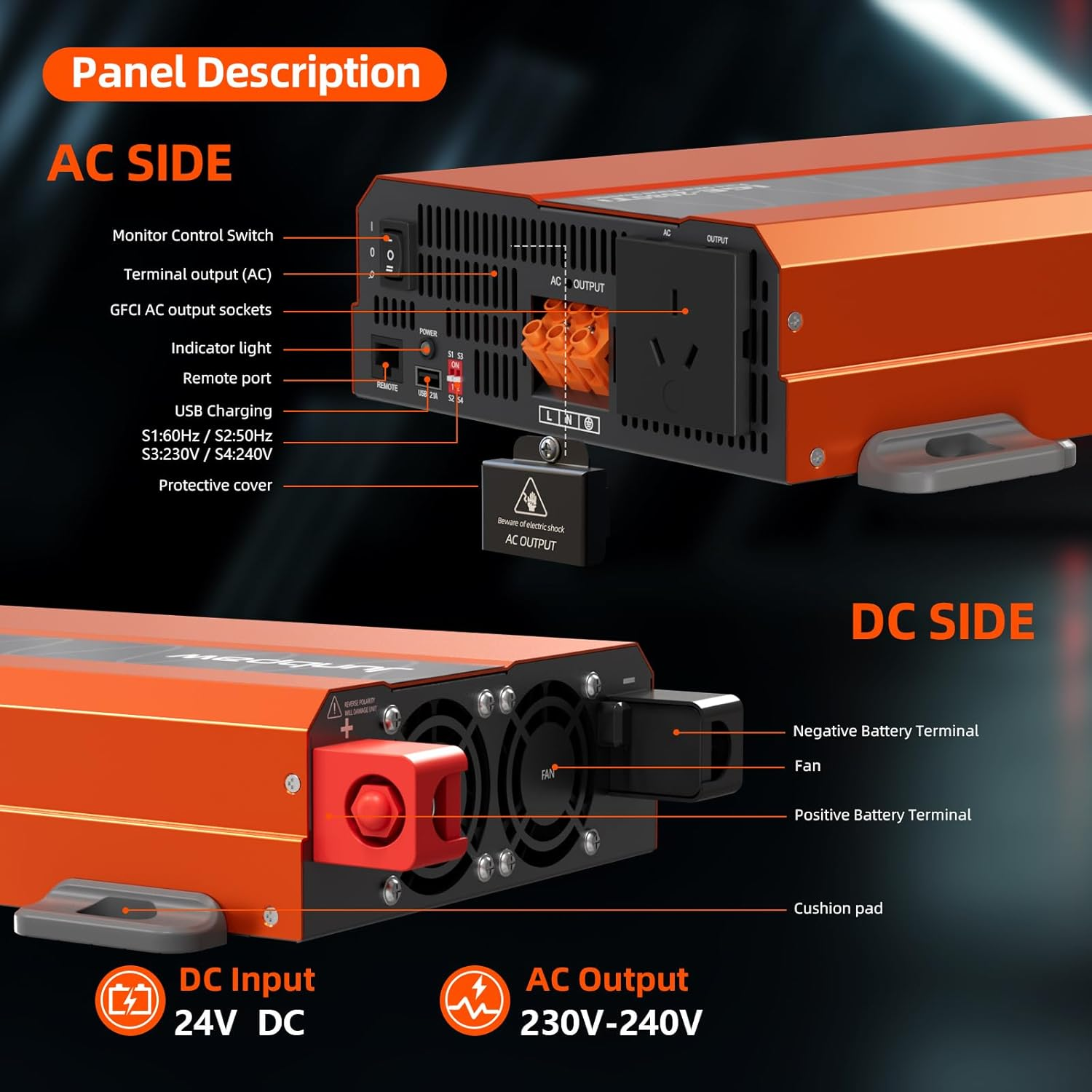 Junbpaw 2080W Pure Sine Wave Inverter, 24V DC to 230V/240V AC, 6000W Peak, 5V/2.1A USB, Quiet Fan, Capacitor, Off-Grid Solar Power for RV, Camping, Emergency, Truck image number 6