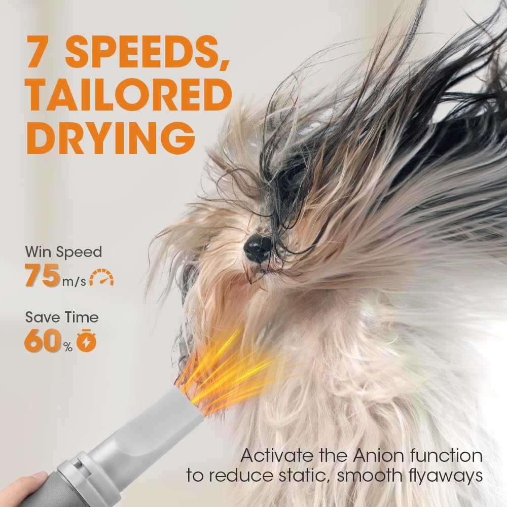 Petzly Dog Dryer, 3200W High Velocity Force Blow Pet Dryer with LCD Touch Panel, Adjustable Speed & Temperature Control, Quiet Dog Hair Dryer with 4 Nozzle, White image number 1