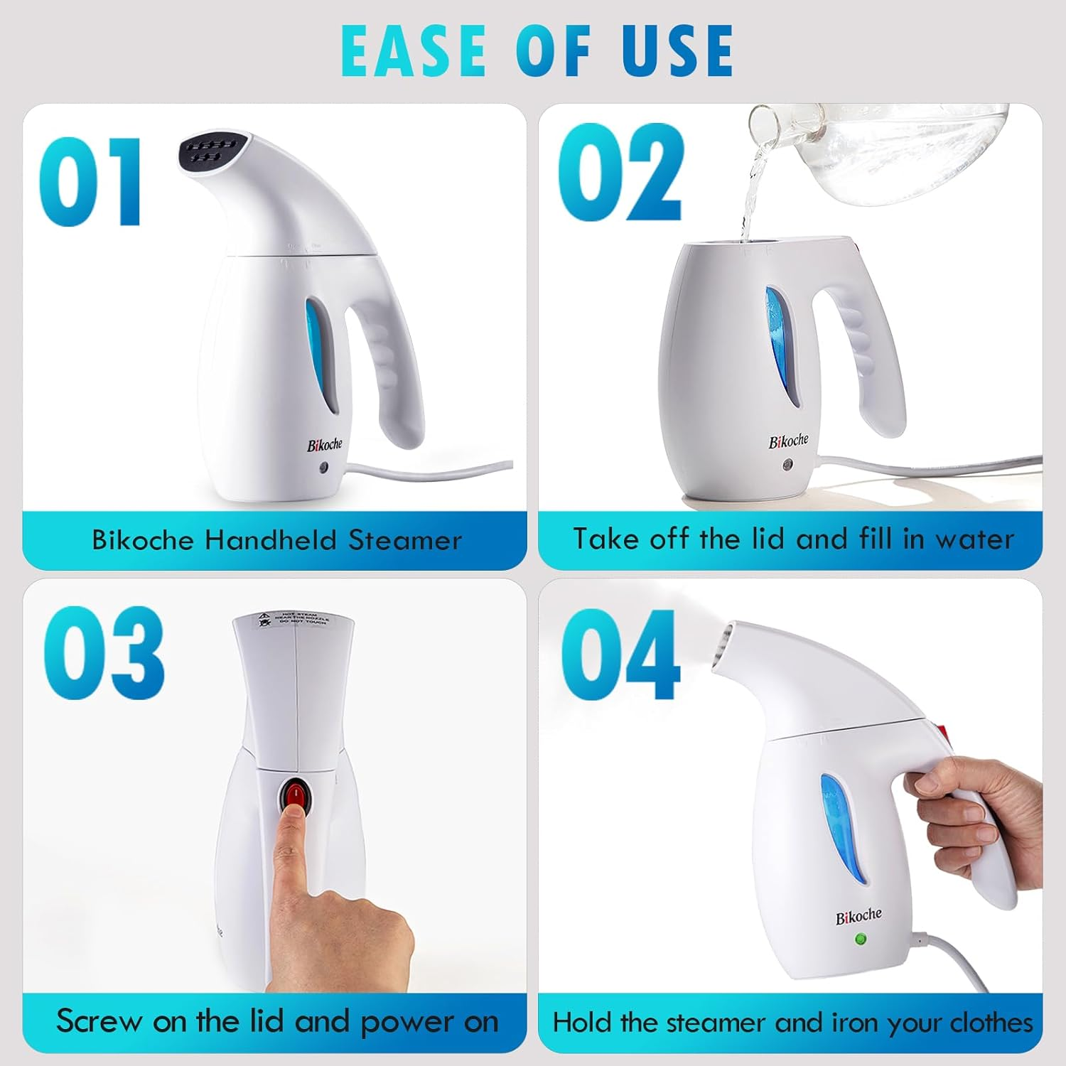 Bikoche Garment Steamer Iron, 4-IN-1 Handheld Steamer for Clothes, Portable Iron Steam, Auto Shut-Off Protection, 180ML - White image number 1