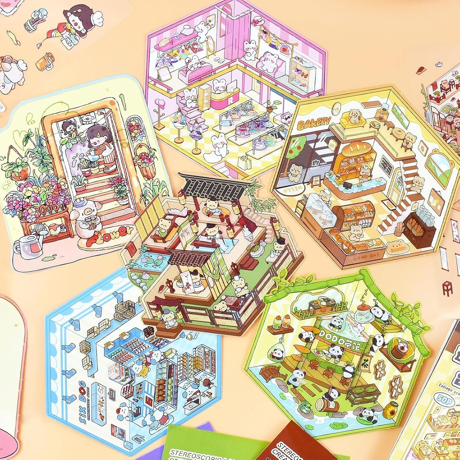 Weidllys DIY 3D House Stickers Book, 20 Set Fun DIY Sticker Scene Make Your Own Warm Home, Supermarket, Music Bar, Sticker Therapy for Adult Kids Relief Stress Pass the Time image number 1