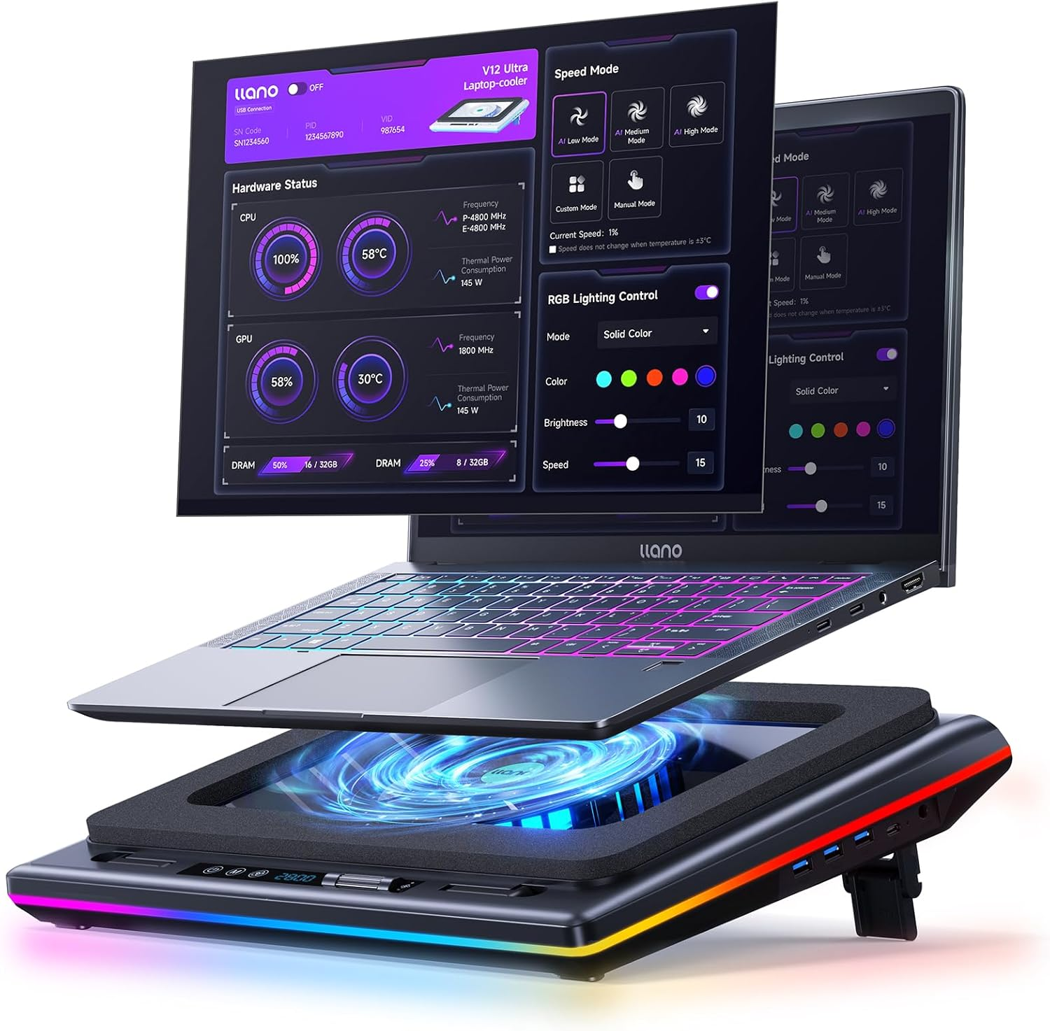 Llano V12 Ultra Laptop Cooling Pad with Smart Software Control, RGB Gaming Laptop Fan Cooler Stand, 5.5" Turbo Fan, Adjustable Speed, 3*USB 3.0 Ports, 3 Height Stands, for 15.6"-19" Laptops, Black image number 5