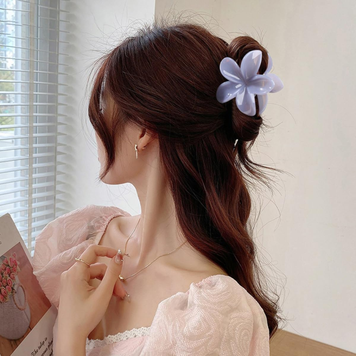 Blausky Pack of 1 8 Cm Flower Hair Clip, Colourful Hawaiian Plumeria Clips, Non-Slip Flower Hair Clips, Hair Accessories, Flower Hair Styling Accessories for Women, Beach, Holiday, Blue E image number 4