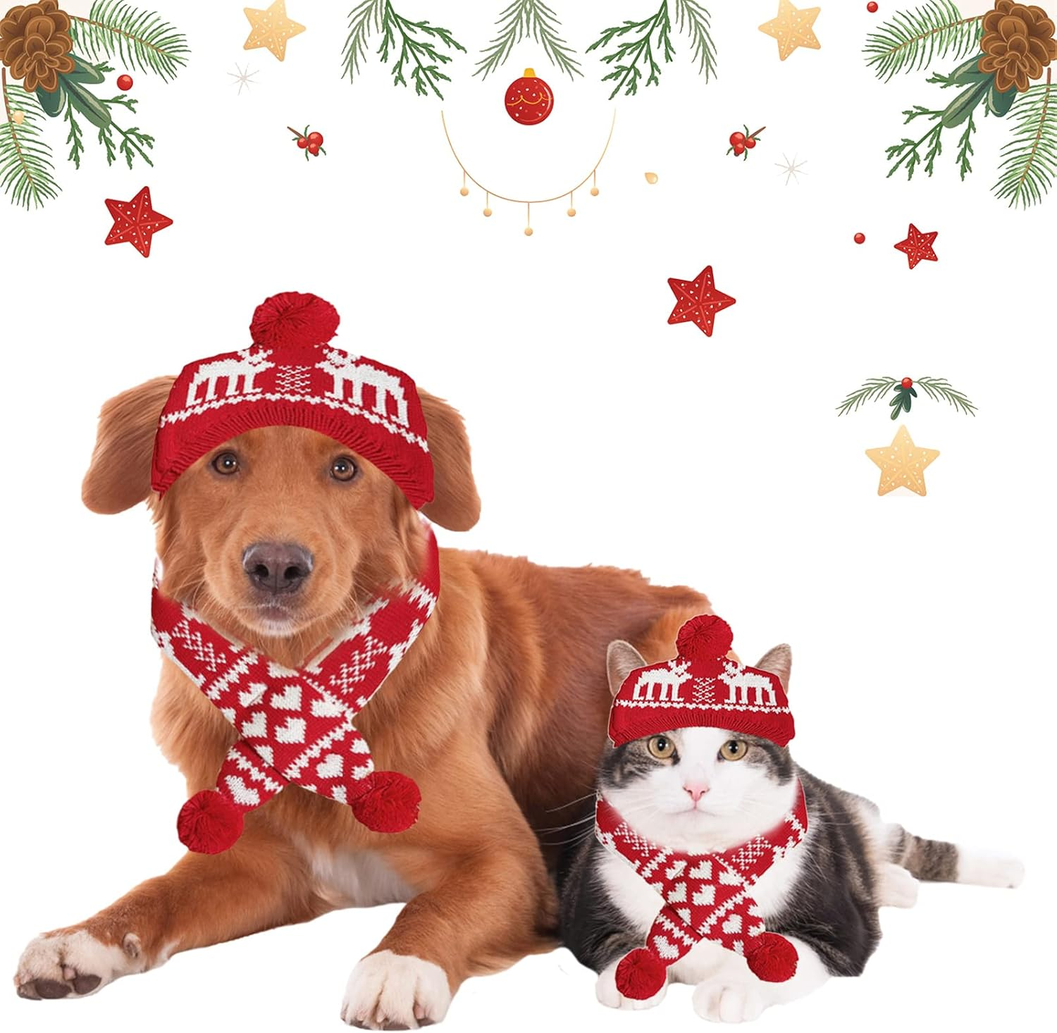 2 Pieces Christmas Pet Hat Scarf Set Winter Warm Puppy Collar Knitting Pet Hat Dog Cat Costume Accessories Adjustable Print Scarf and Hat for Small to Medium Pets (Medium, Deer) image number 1