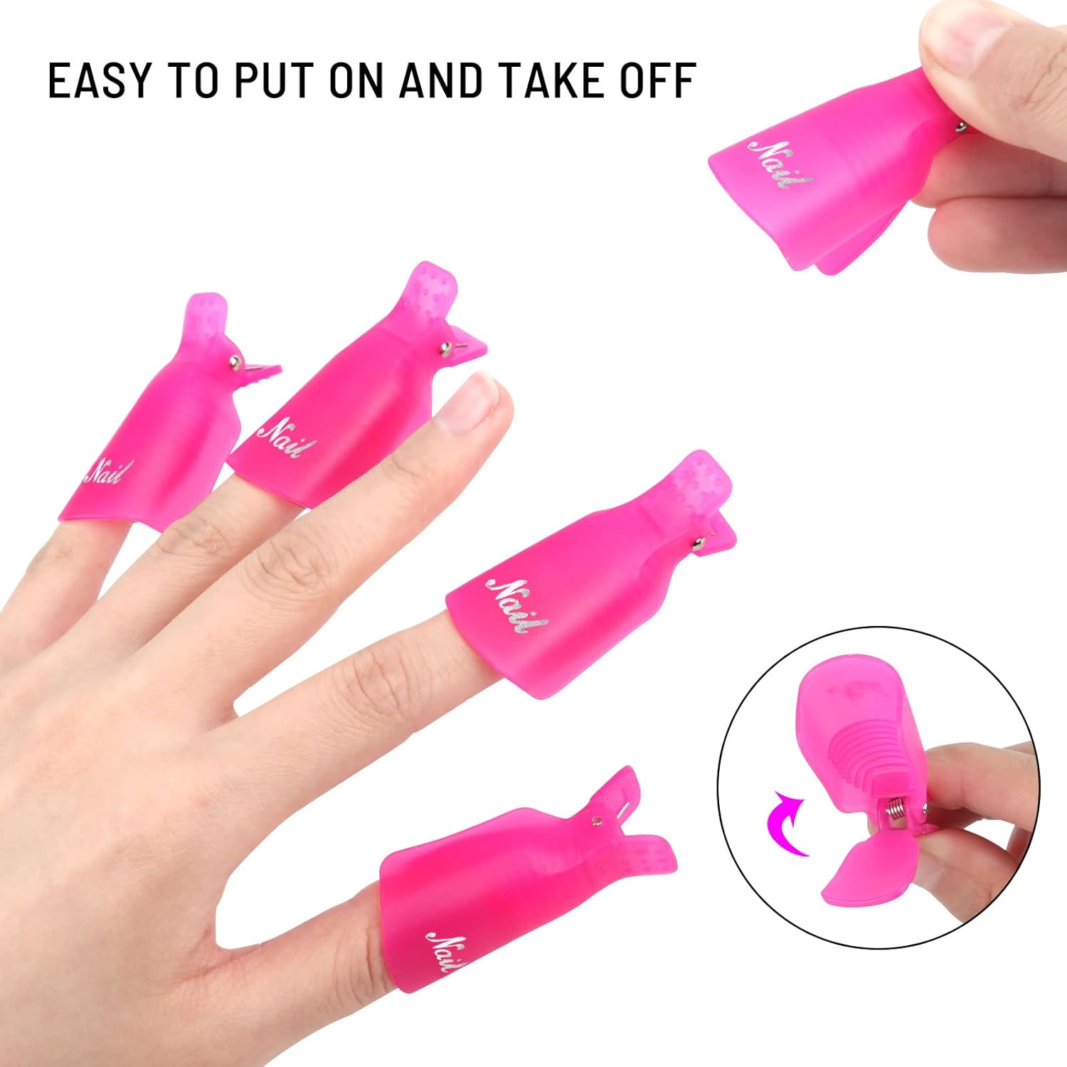 (10 Pcs Pink) Plastic Acrylic Nail Art Soak off Cap Clip UV Gel Polish Remover Wrap Tool Gel Nail Polish Remover Clips for Fingernail Removal Soak off Clips Wrap Cleaner Cap Clip - 7-Piece Set In Black image number 2